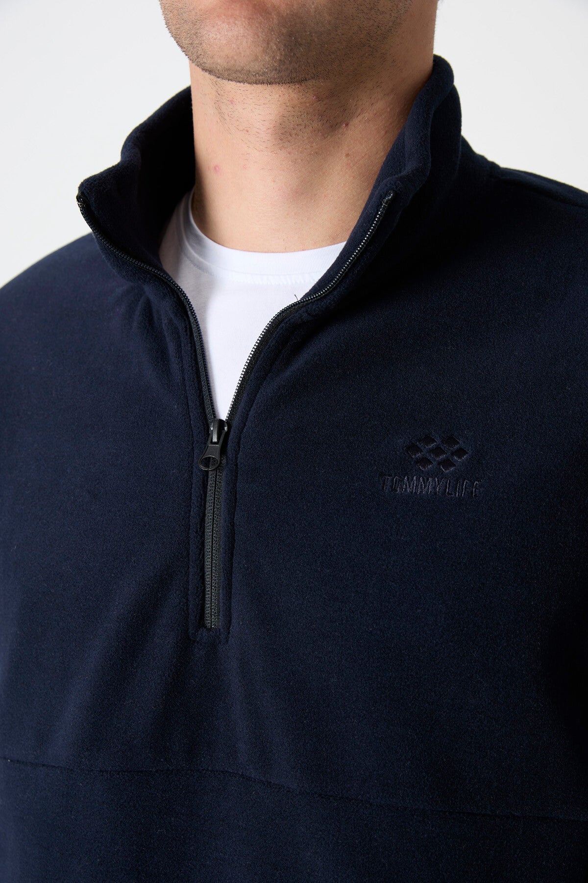 Lacivert Yarım Fermuarlı Sweatshirt Slim Fit Dik Yaka Erkek Polar - 87891