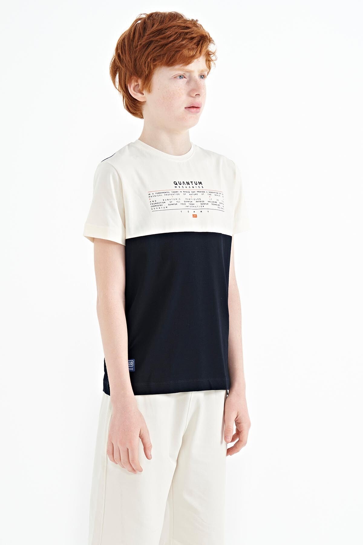 Lacivert Yazı Baskılı Renk Bloklu Standart Kalıp O Yaka Erkek Çocuk T-Shirt - 11134
