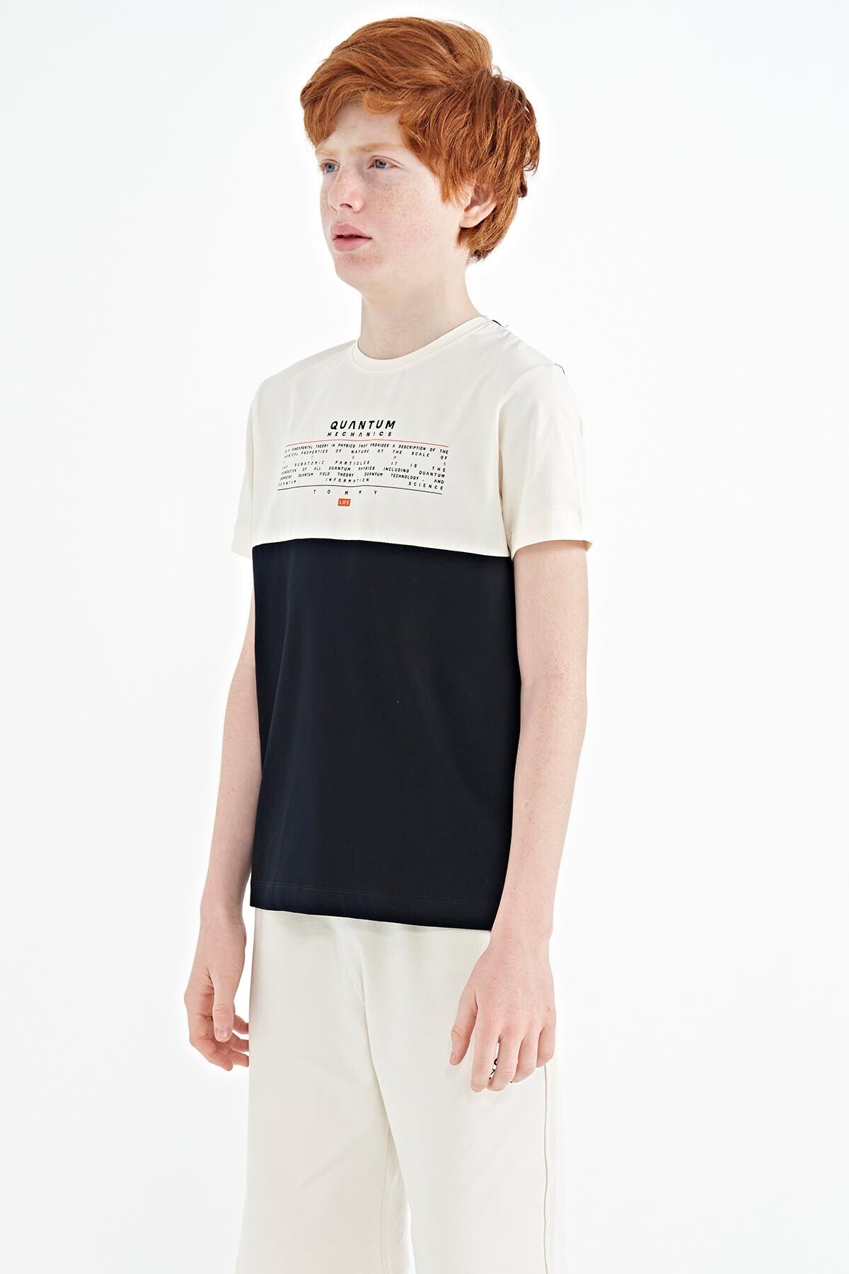 Lacivert Yazı Baskılı Renk Bloklu Standart Kalıp O Yaka Erkek Çocuk T-Shirt - 11134