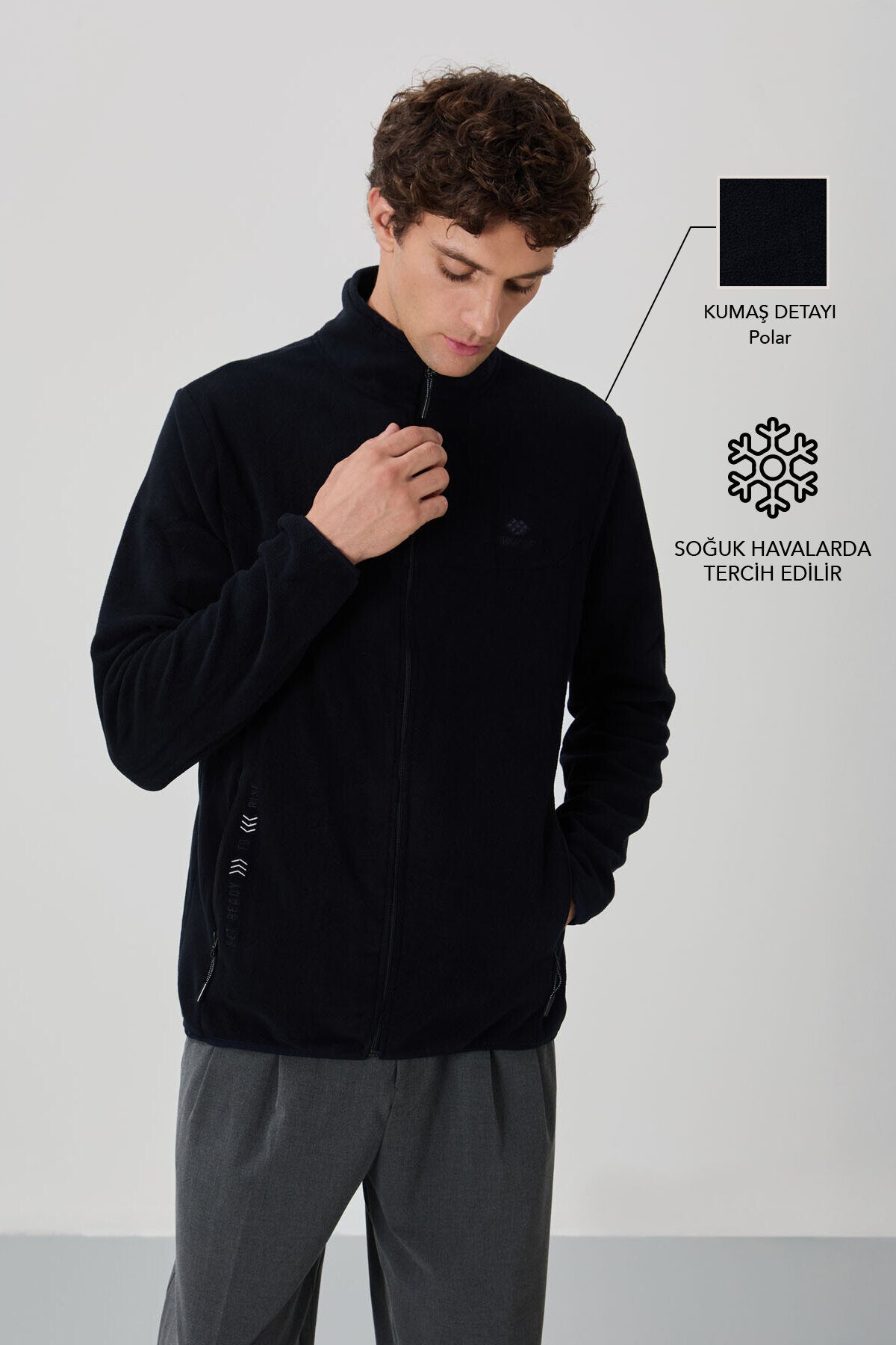 Lacivert Yazı Nakışlı Dik Yaka Fermuarlı Standart Kalıp Erkek Sweatshirt Polar - 87992