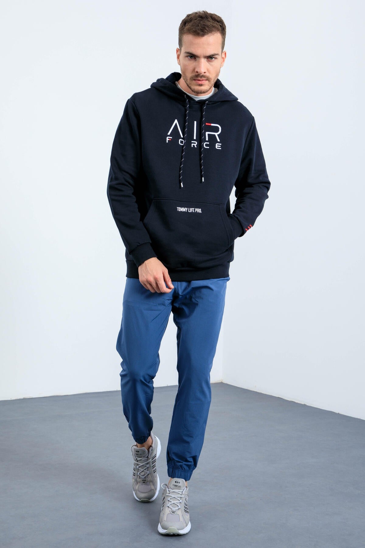 Lacivert Yazı Nakışlı Standart Kalıp Kapüşonlu Erkek Sweatshirt - 87838