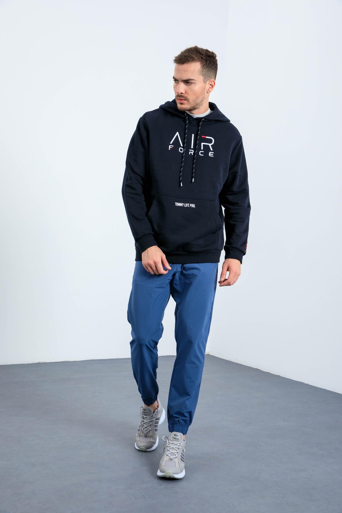 Lacivert Yazı Nakışlı Standart Kalıp Kapüşonlu Erkek Sweatshirt - 87838