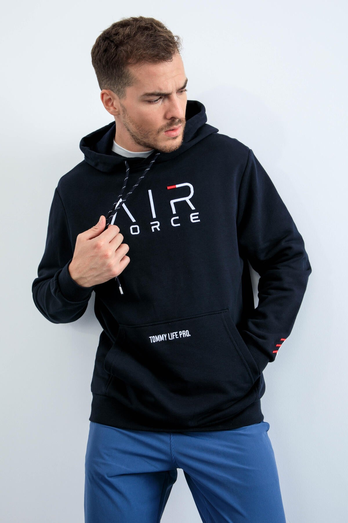 Lacivert Yazı Nakışlı Standart Kalıp Kapüşonlu Erkek Sweatshirt - 87838