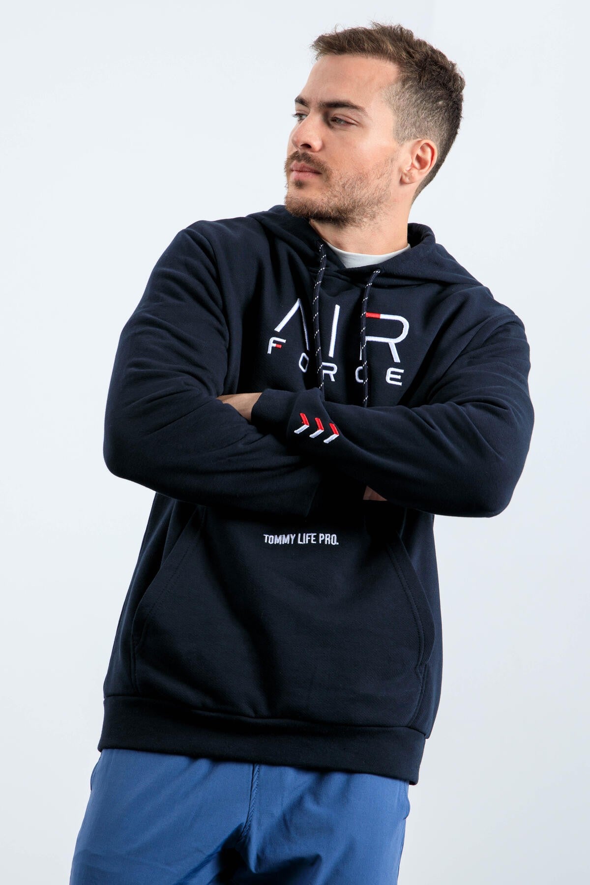 Lacivert Yazı Nakışlı Standart Kalıp Kapüşonlu Erkek Sweatshirt - 87838