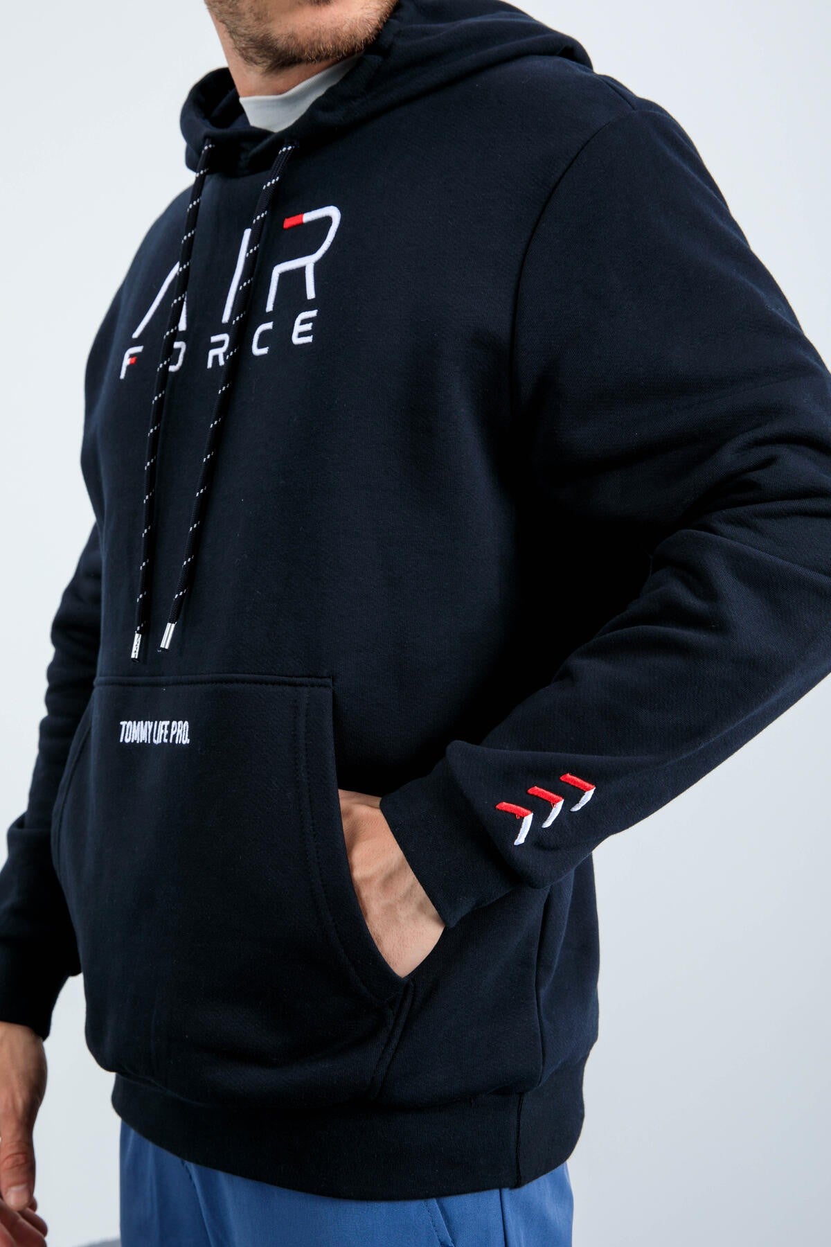 Lacivert Yazı Nakışlı Standart Kalıp Kapüşonlu Erkek Sweatshirt - 87838