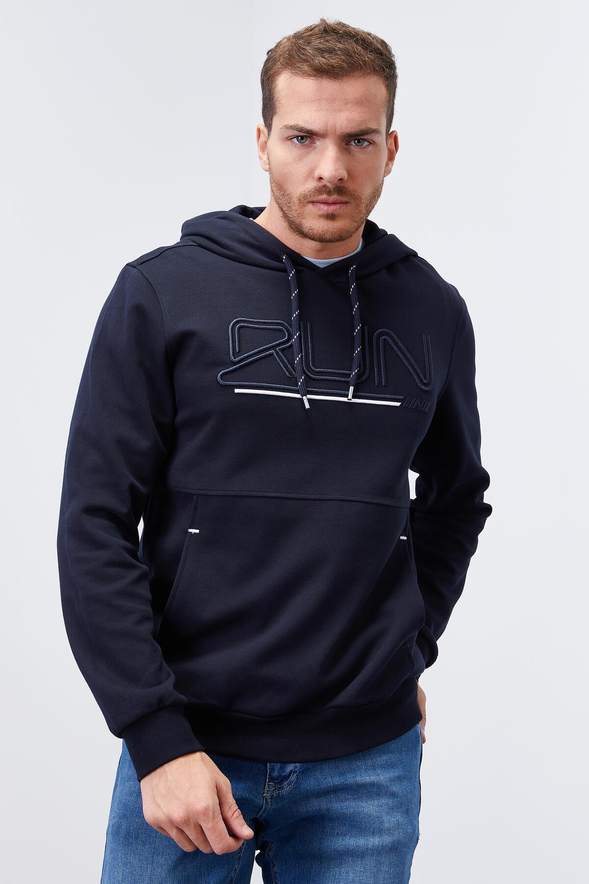 Lacivert Yazı Nakışlı Standart Kalıp Kapüşonlu Erkek Sweatshirt - 87887