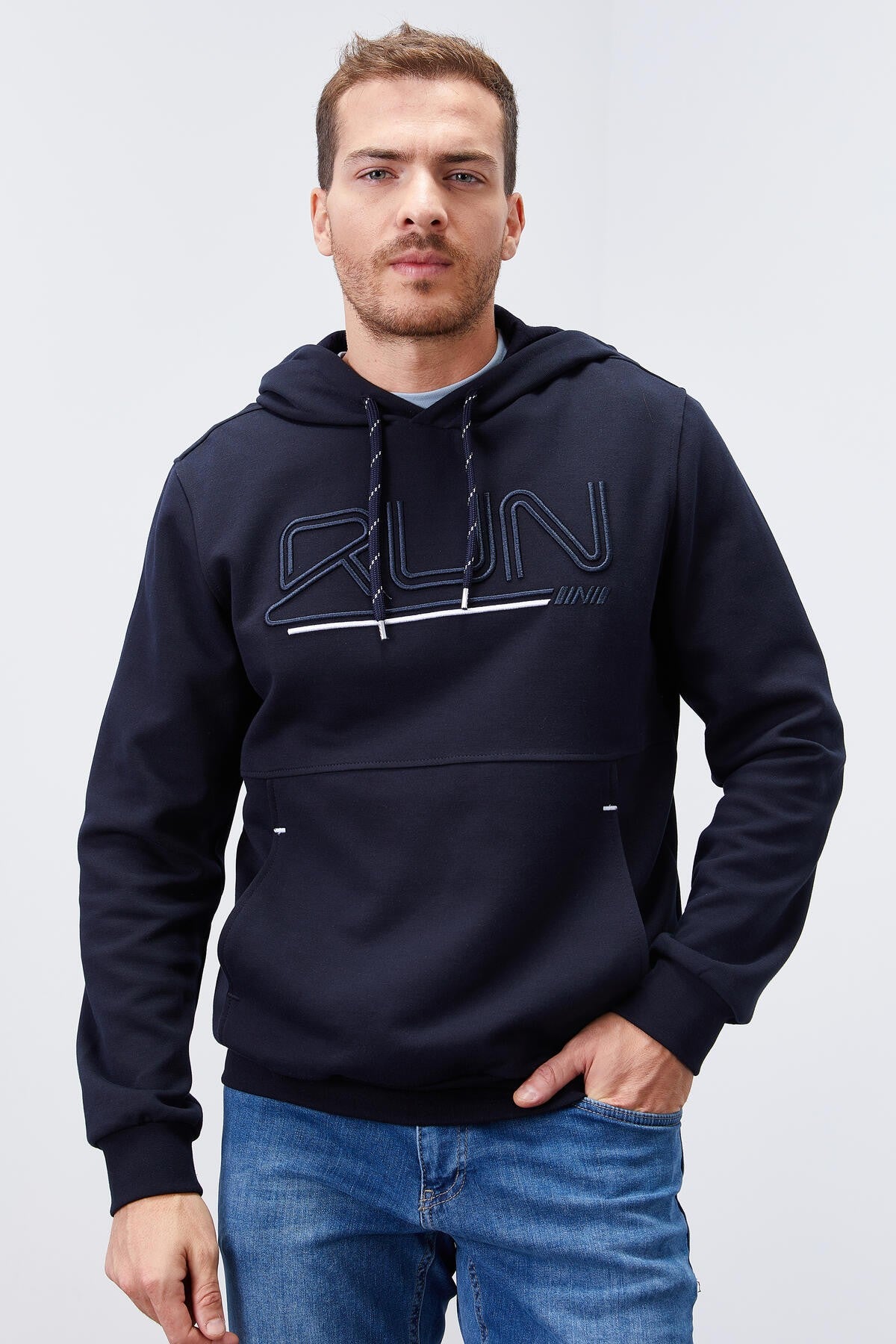 Lacivert Yazı Nakışlı Standart Kalıp Kapüşonlu Erkek Sweatshirt - 87887