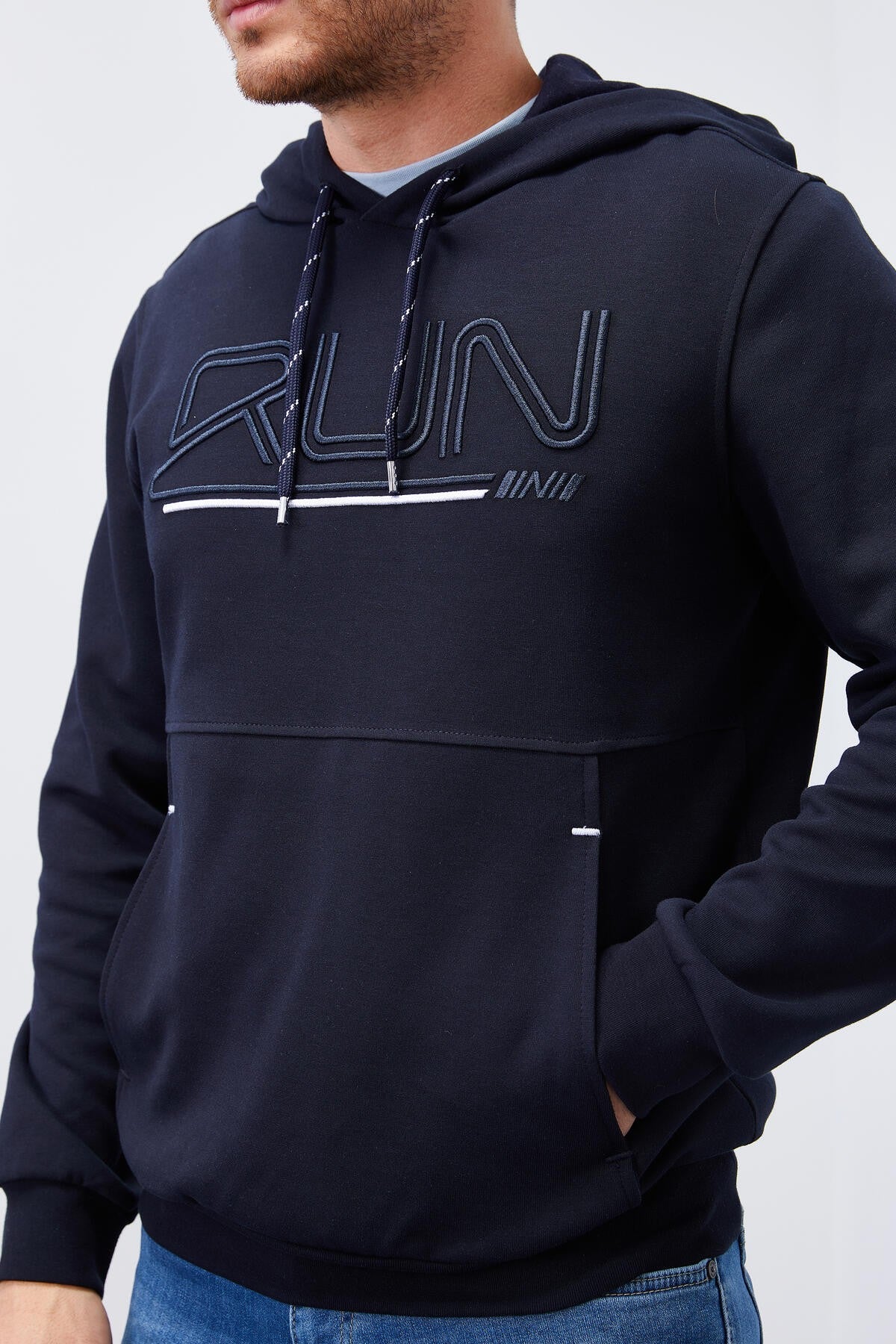 Lacivert Yazı Nakışlı Standart Kalıp Kapüşonlu Erkek Sweatshirt - 87887