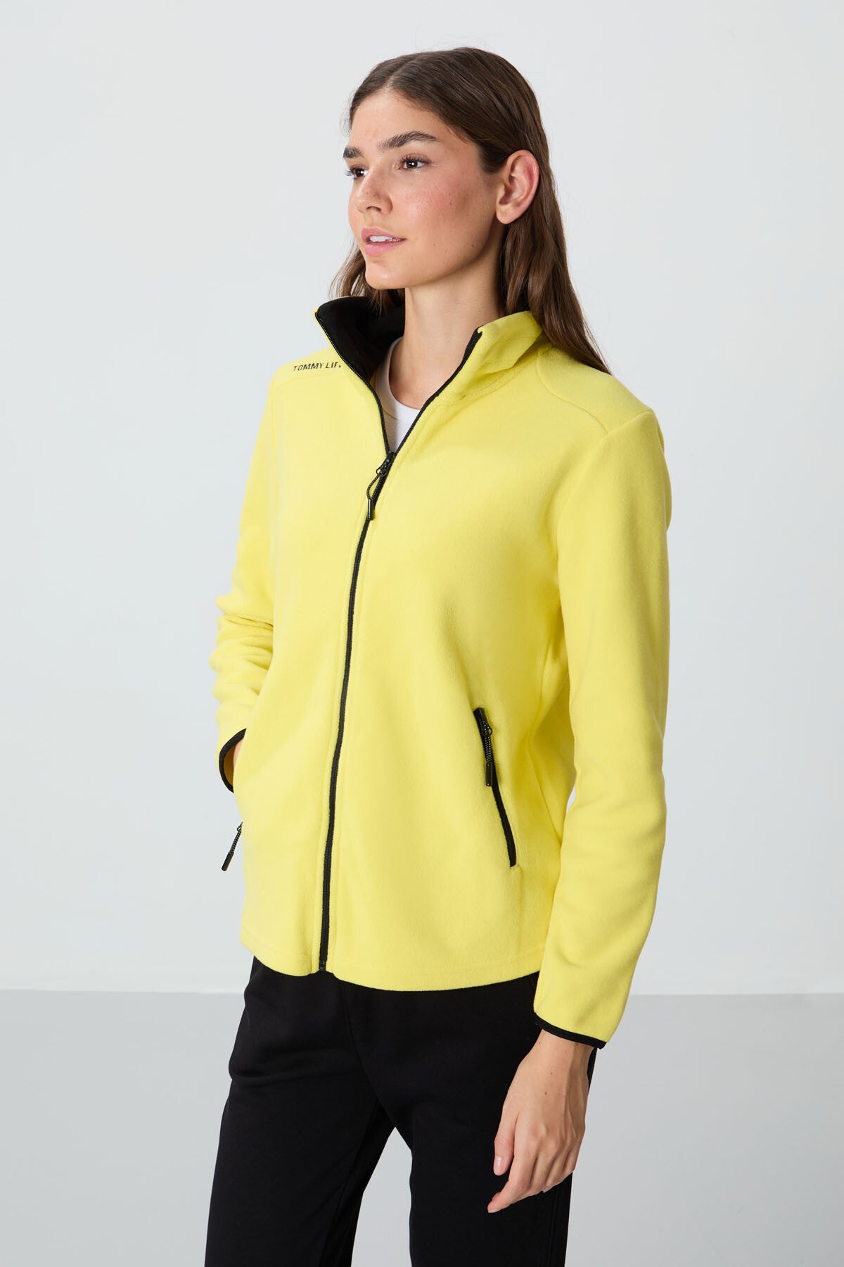 Limon Dik Yaka Fermuarlı Rahat Form Kadın Polar Sweatshirt - 97173