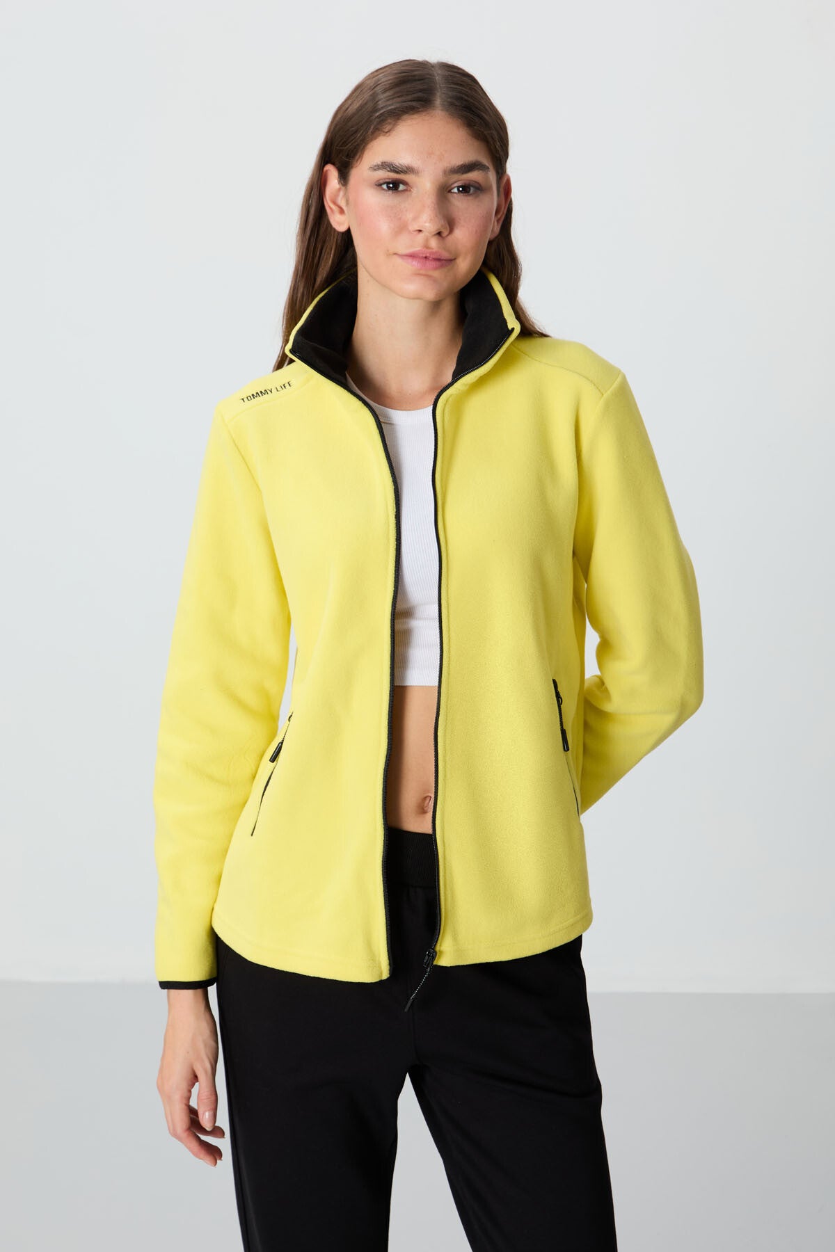 Limon Dik Yaka Fermuarlı Rahat Form Kadın Polar Sweatshirt - 97173