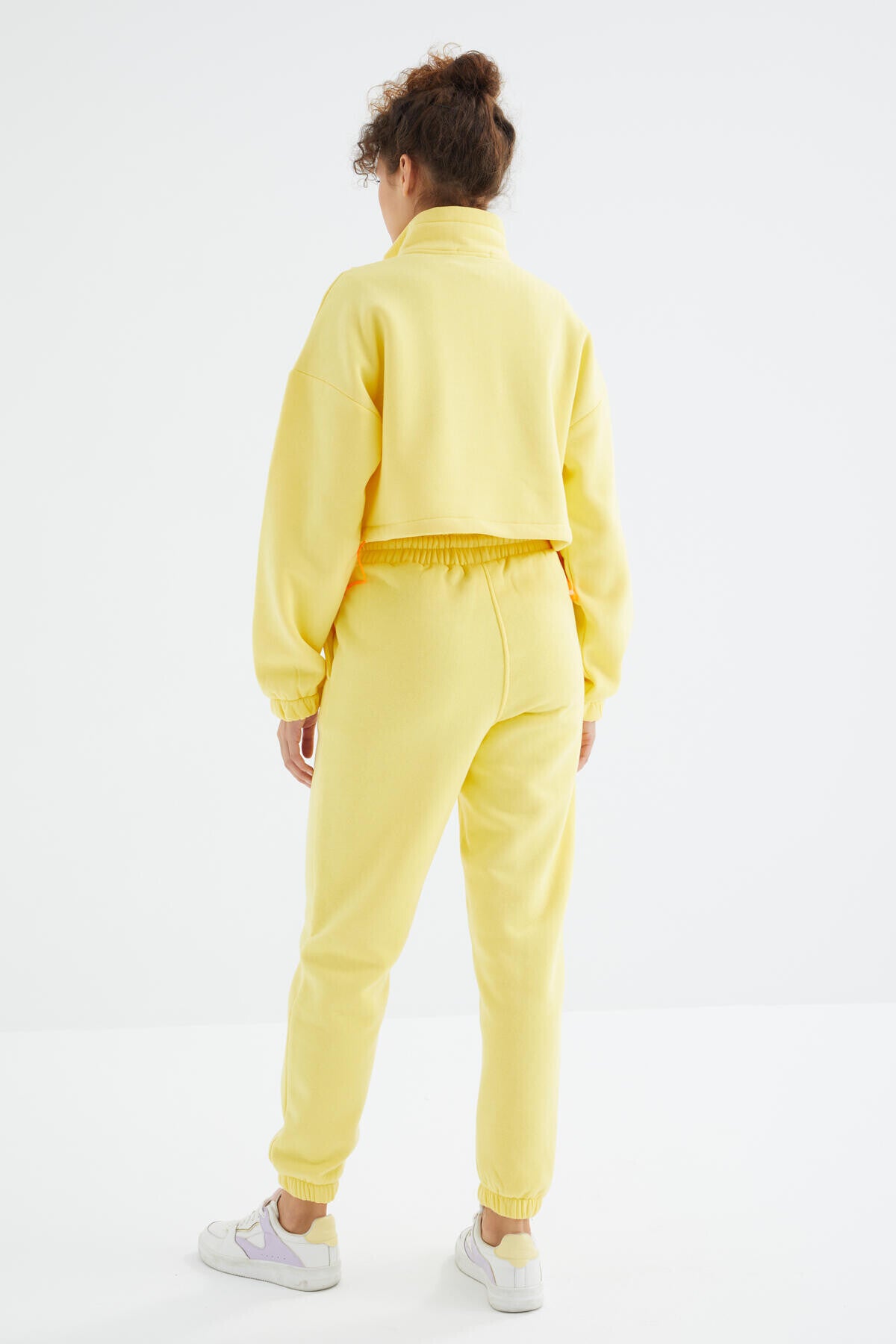 Limon Düşük Omuzlu Beli Büzgülü Yarım Boy Fermuarlı Oversıze Kadın Eşofman Takım - 95321