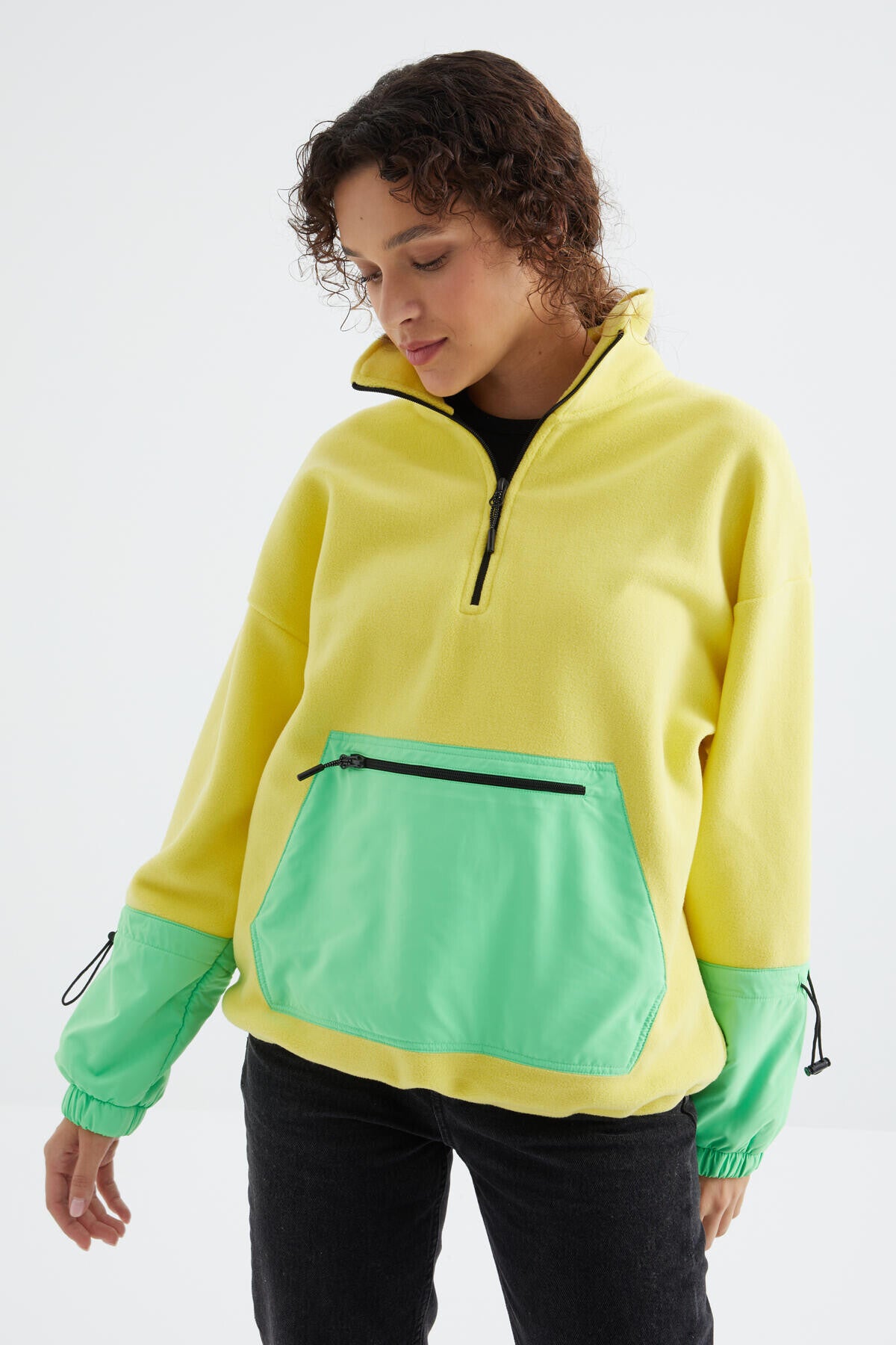 Limon Etek Ucu Büzgülü Yarım Fermuarlı Oversize Kadın Polar Sweatshirt - 97238