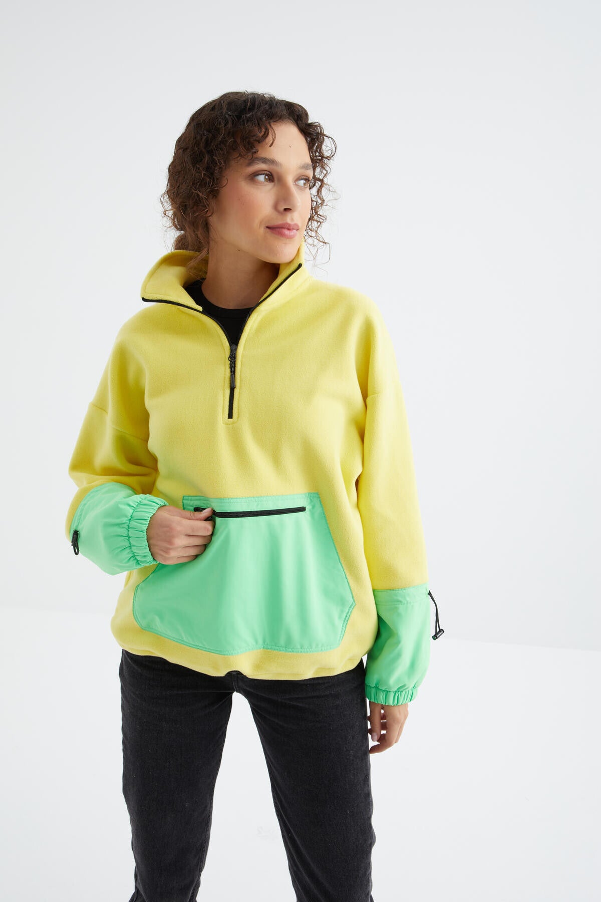 Limon Etek Ucu Büzgülü Yarım Fermuarlı Oversize Kadın Polar Sweatshirt - 97238