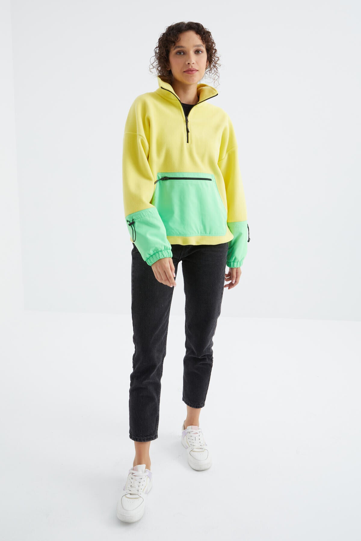 Limon Etek Ucu Büzgülü Yarım Fermuarlı Oversize Kadın Polar Sweatshirt - 97238