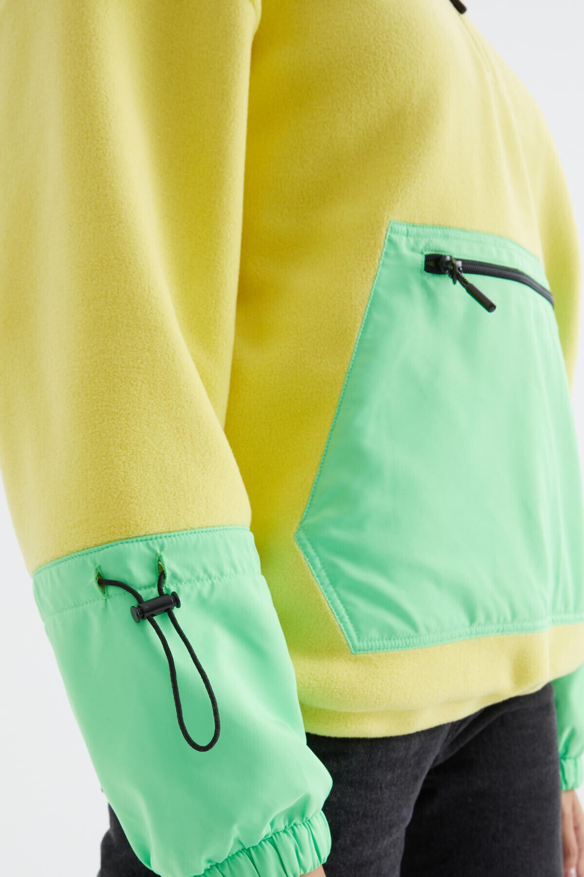Limon Etek Ucu Büzgülü Yarım Fermuarlı Oversize Kadın Polar Sweatshirt - 97238