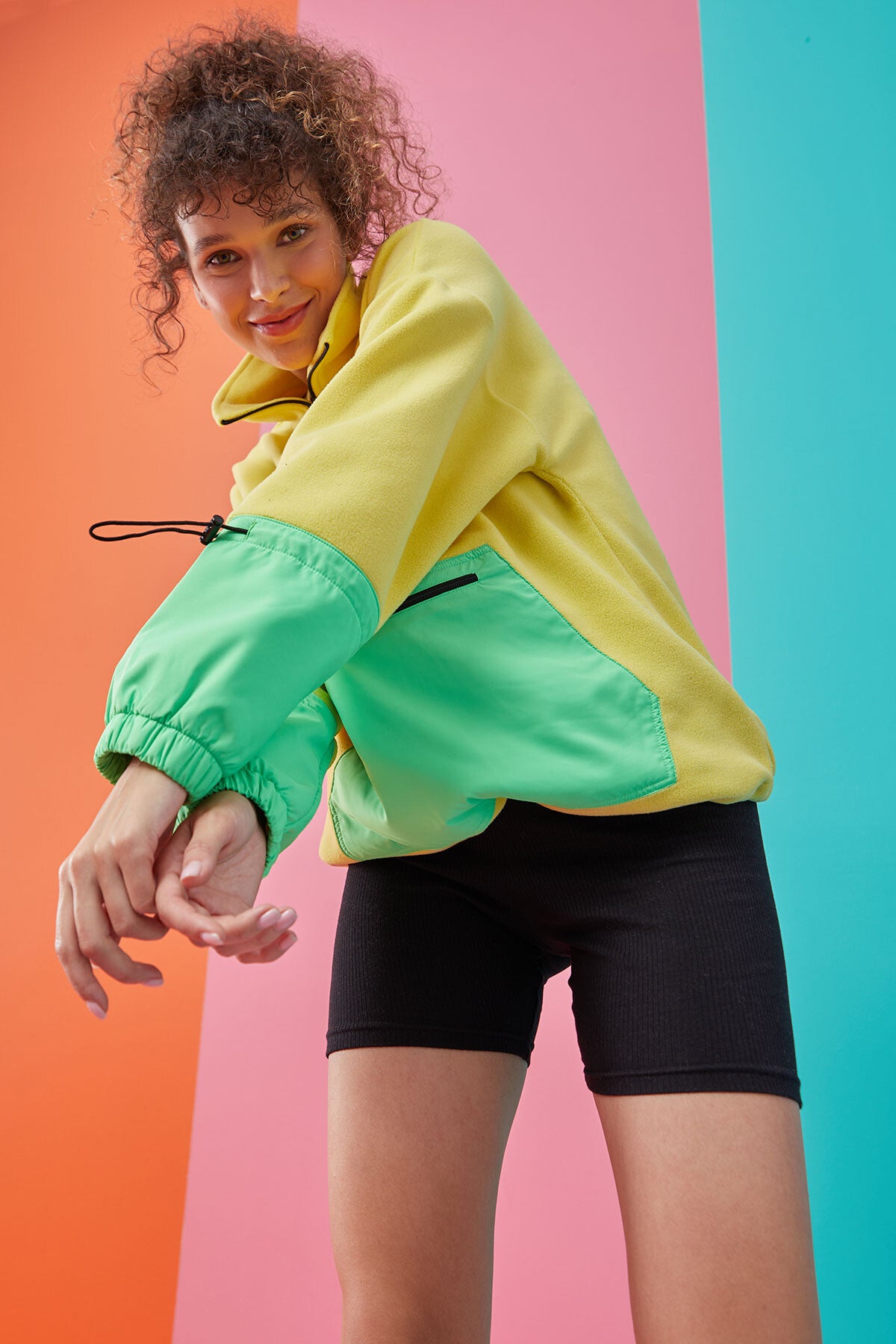 Limon Etek Ucu Büzgülü Yarım Fermuarlı Oversize Kadın Polar Sweatshirt - 97238