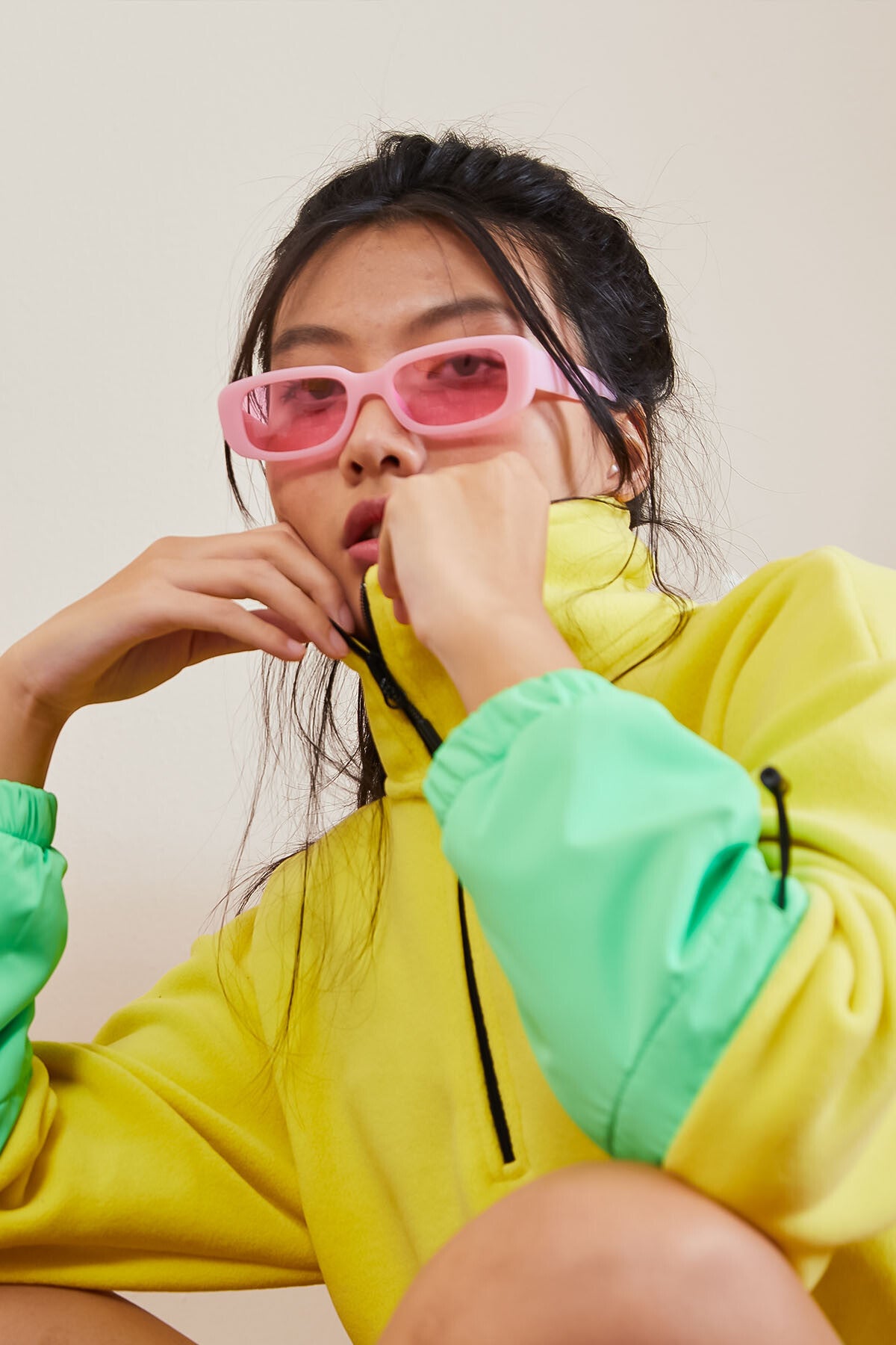 Limon Etek Ucu Büzgülü Yarım Fermuarlı Oversize Kadın Polar Sweatshirt - 97238