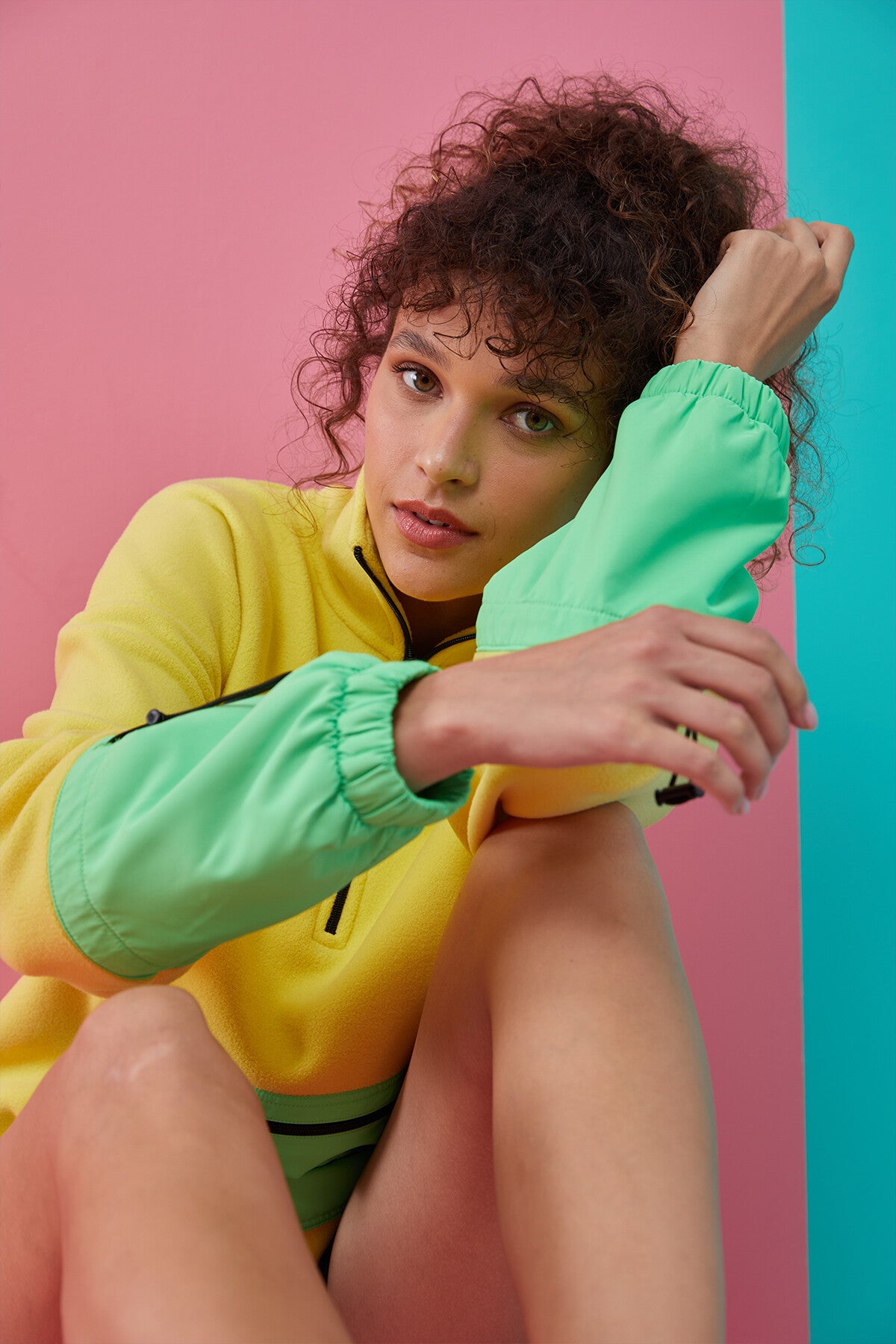 Limon Etek Ucu Büzgülü Yarım Fermuarlı Oversize Kadın Polar Sweatshirt - 97238