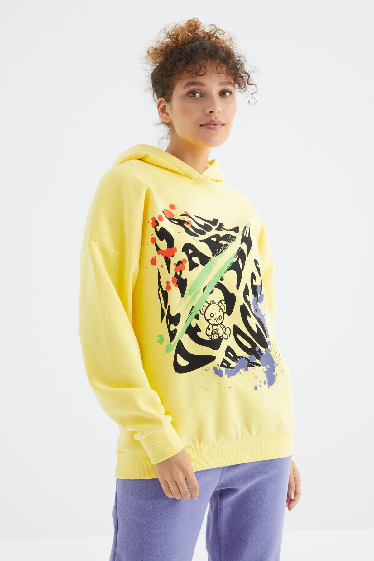 Limon Ön Baskılı Kapüşonlu Kadın Oversize Kadın Sweatshirt - 97248