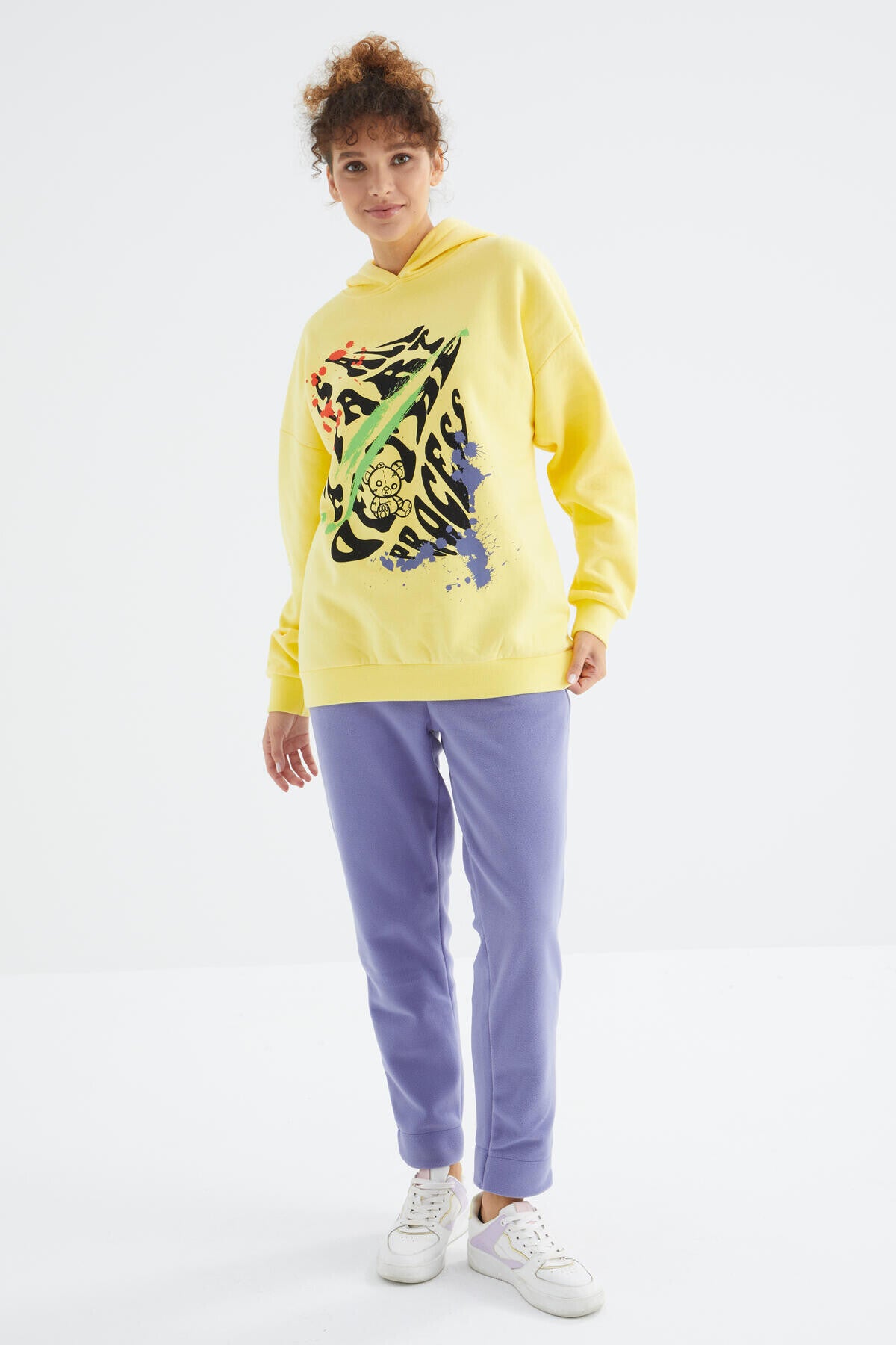 Limon Ön Baskılı Kapüşonlu Kadın Oversize Kadın Sweatshirt - 97248