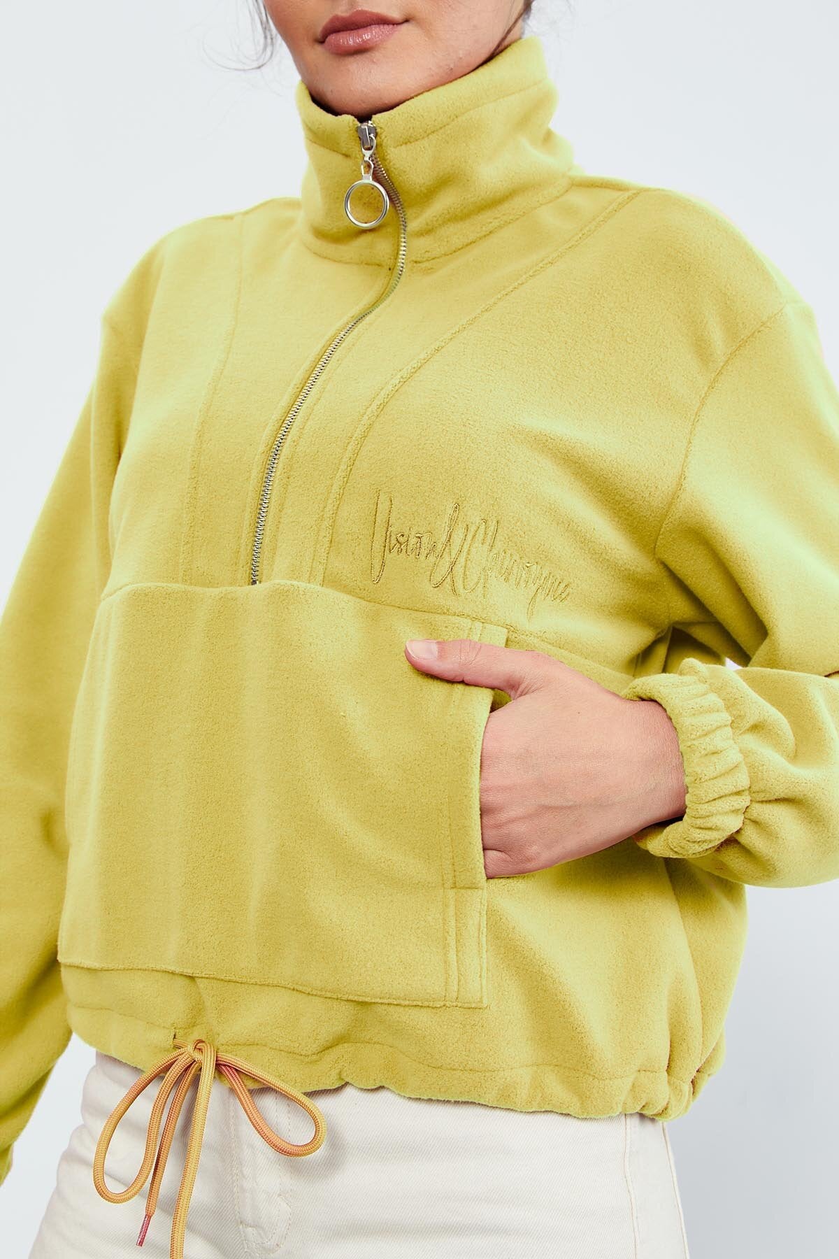 Limon Yarım Fermuar Etek Ucu Büzgülü Kadın Polar Oversize Sweatshirt - 97171