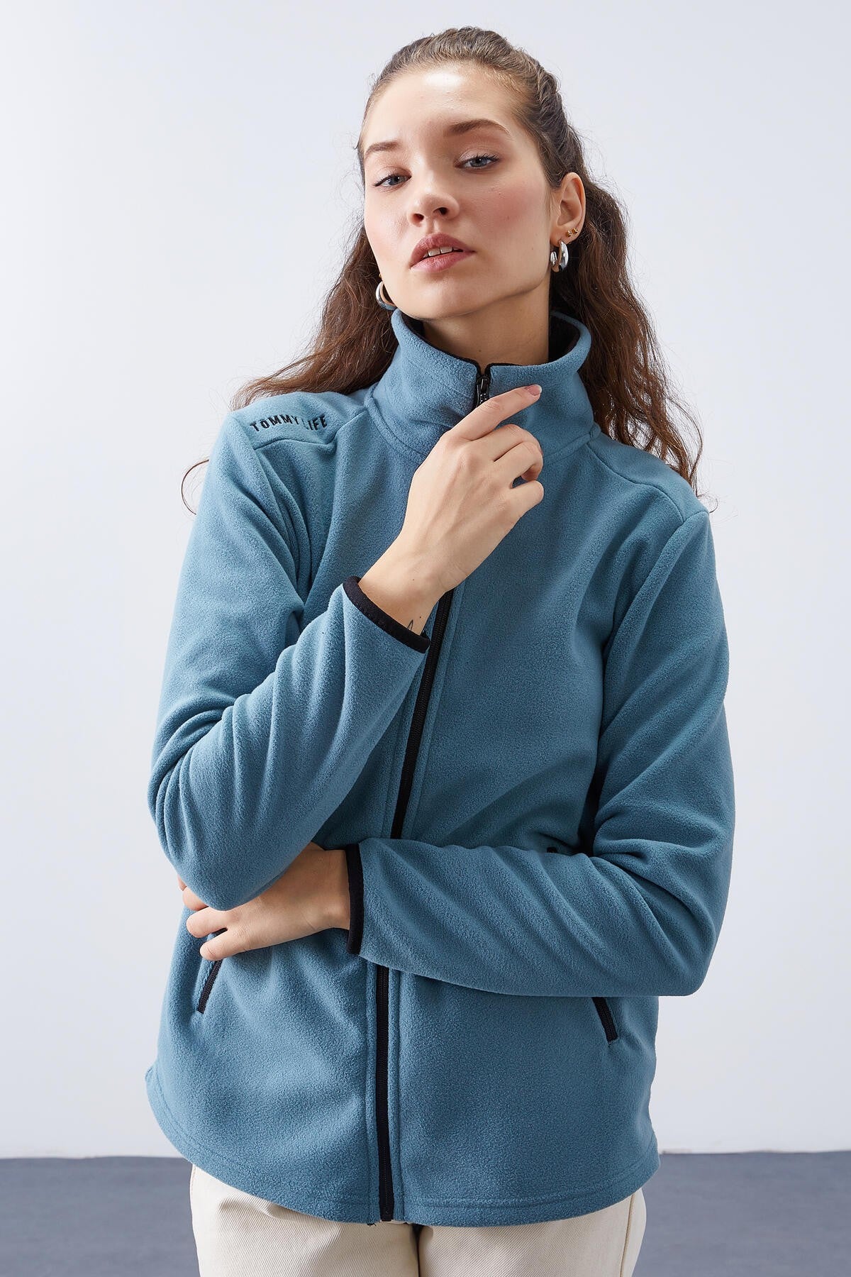 Mint Yeşili Dik Yaka Fermuarlı Rahat Form Kadın Polar Sweatshirt - 97173