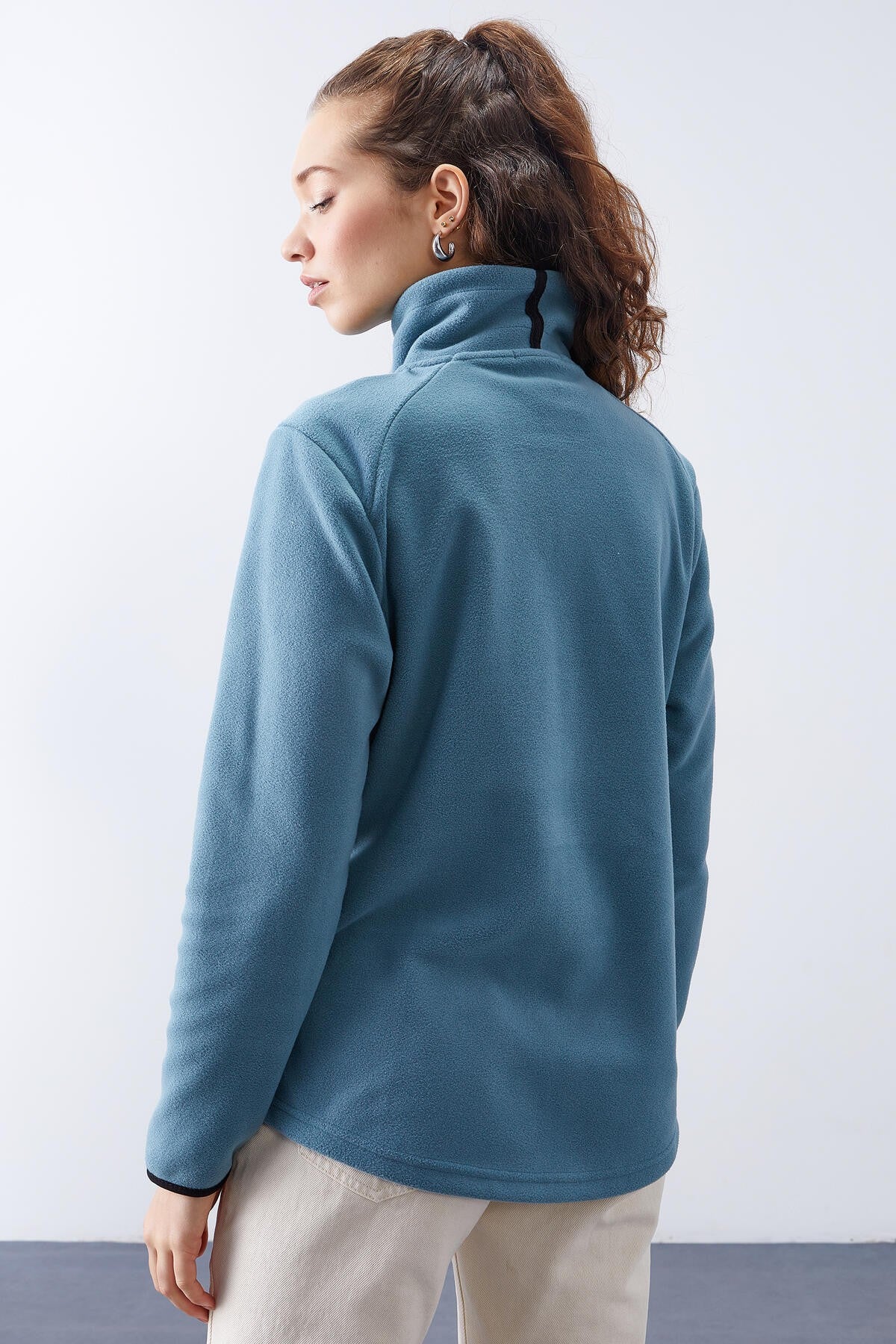 Mint Yeşili Dik Yaka Fermuarlı Rahat Form Kadın Polar Sweatshirt - 97173