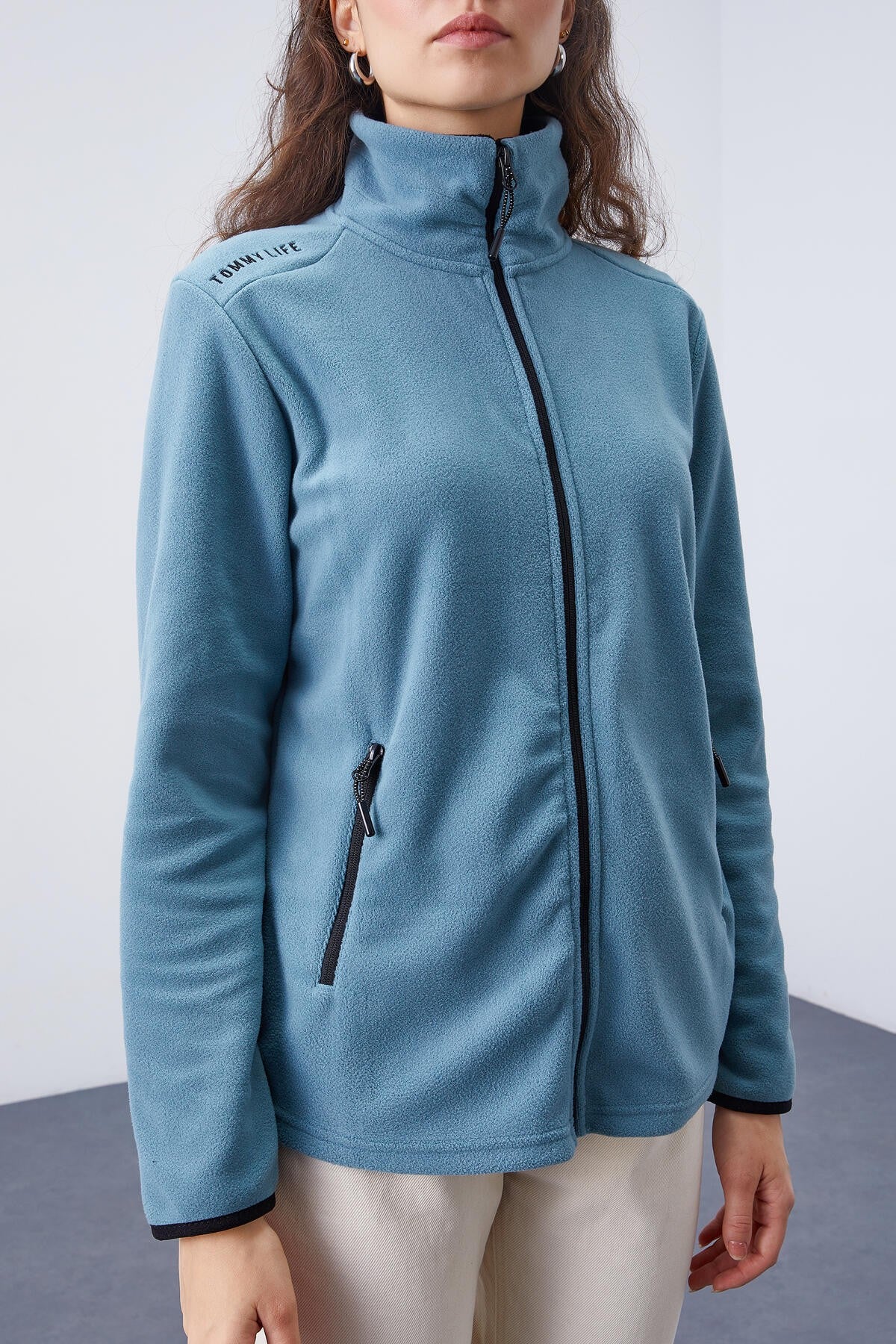 Mint Yeşili Dik Yaka Fermuarlı Rahat Form Kadın Polar Sweatshirt - 97173