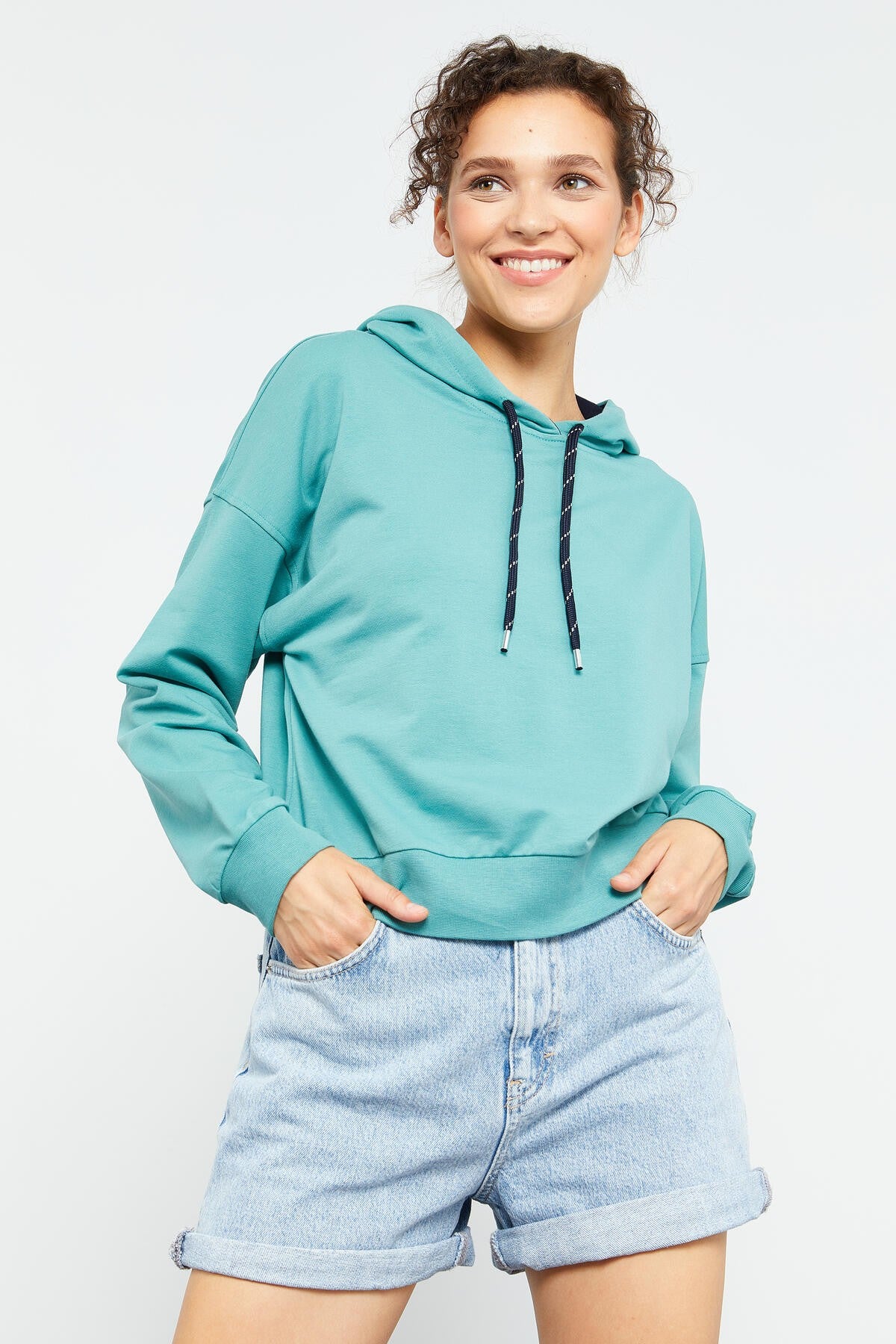 Mint Yeşili Uzun Kol Rahat Form Kapüşonlu Kadın Sweatshirt - 97115