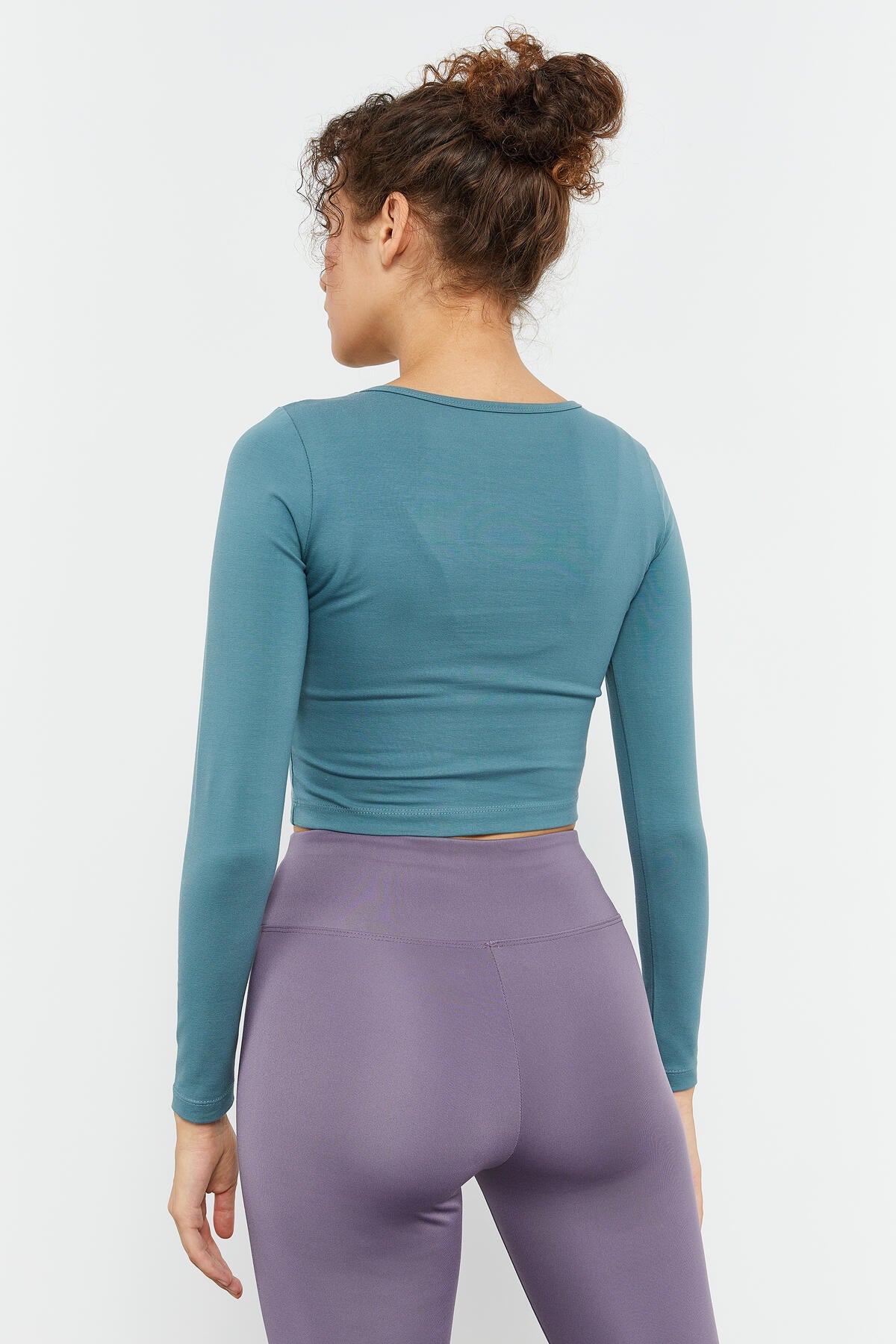 Mint Yeşili Uzun Kollu Dar Kalıp O Yaka Kadın Crop Top T-Shirt - 97150