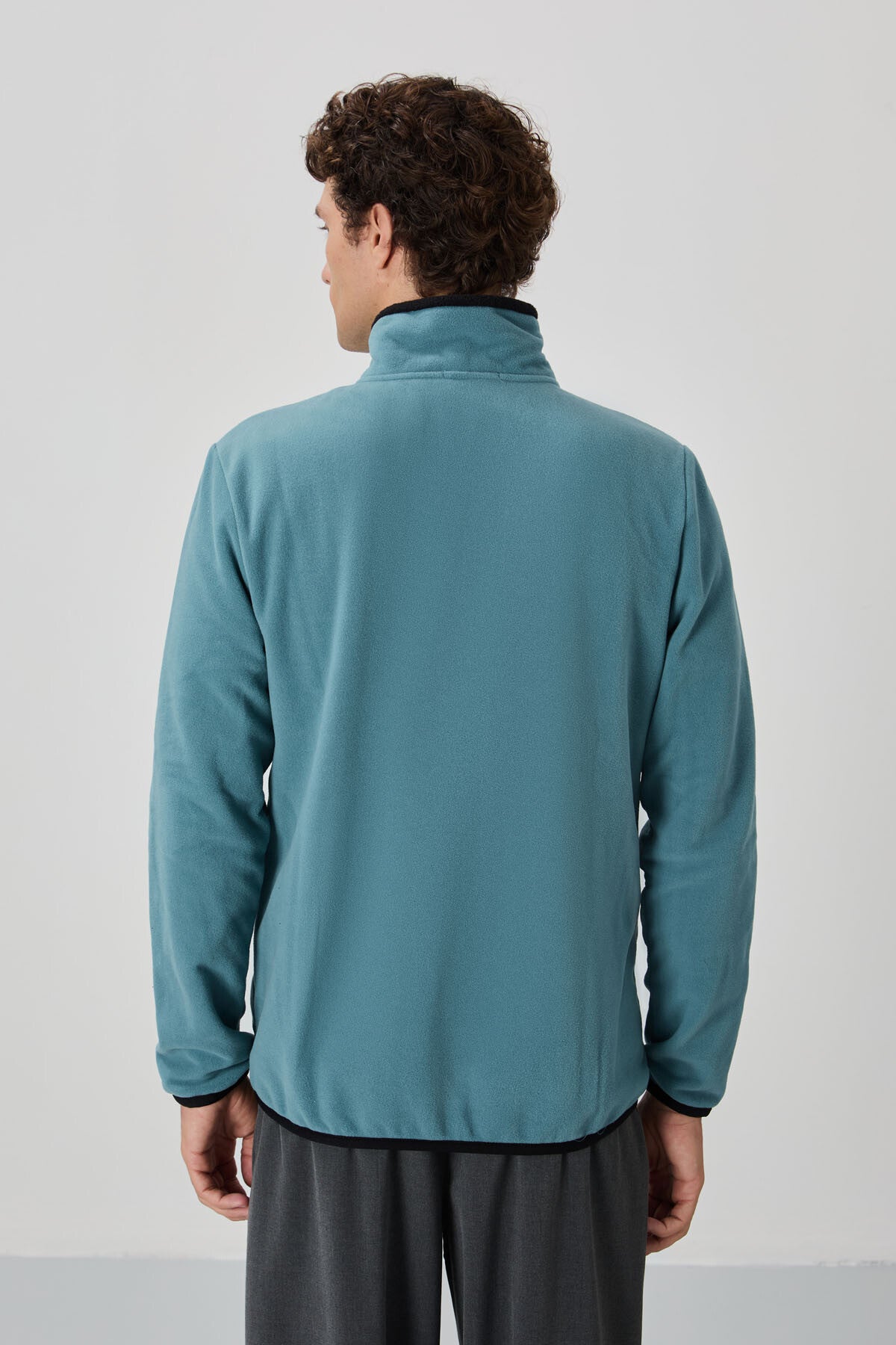 Mint Yeşili Yazı Nakışlı Dik Yaka Fermuarlı Standart Kalıp Erkek Sweatshirt Polar - 87992