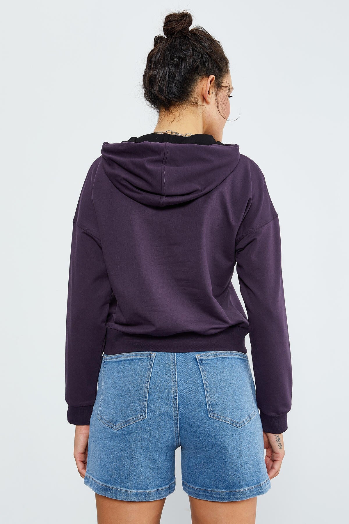 Mor Uzun Kol Rahat Form Kapüşonlu Kadın Sweatshirt - 97115