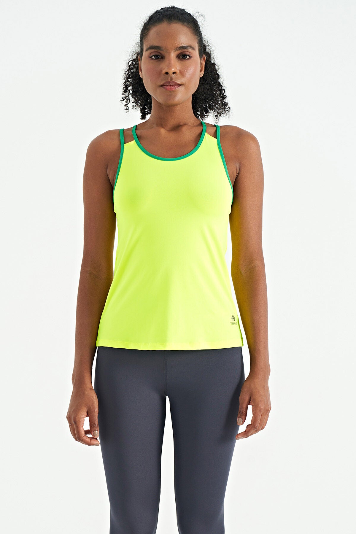 Neon Sarı Çift Askılı Sırt Detaylı Standart Kalıp Kadın Spor Atlet - 97258