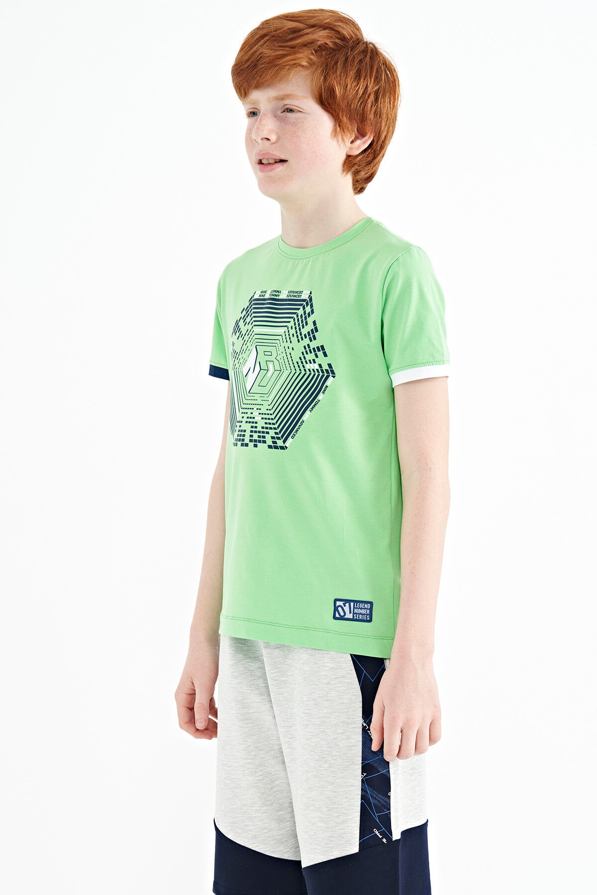 Neon Yeşil Kol Ucu Renkli Detaylı Baskılı Standart Kalıp Erkek Çocuk T-Shirt - 11156