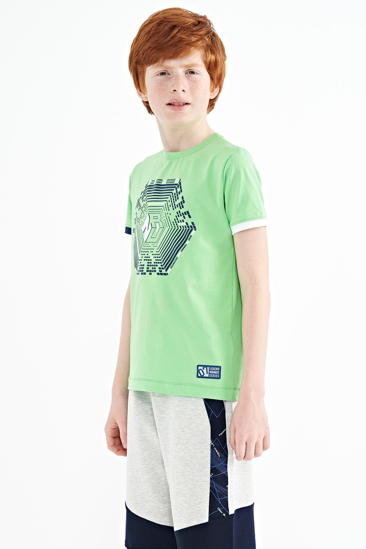 Neon Yeşil Kol Ucu Renkli Detaylı Baskılı Standart Kalıp Erkek Çocuk T-Shirt - 11156