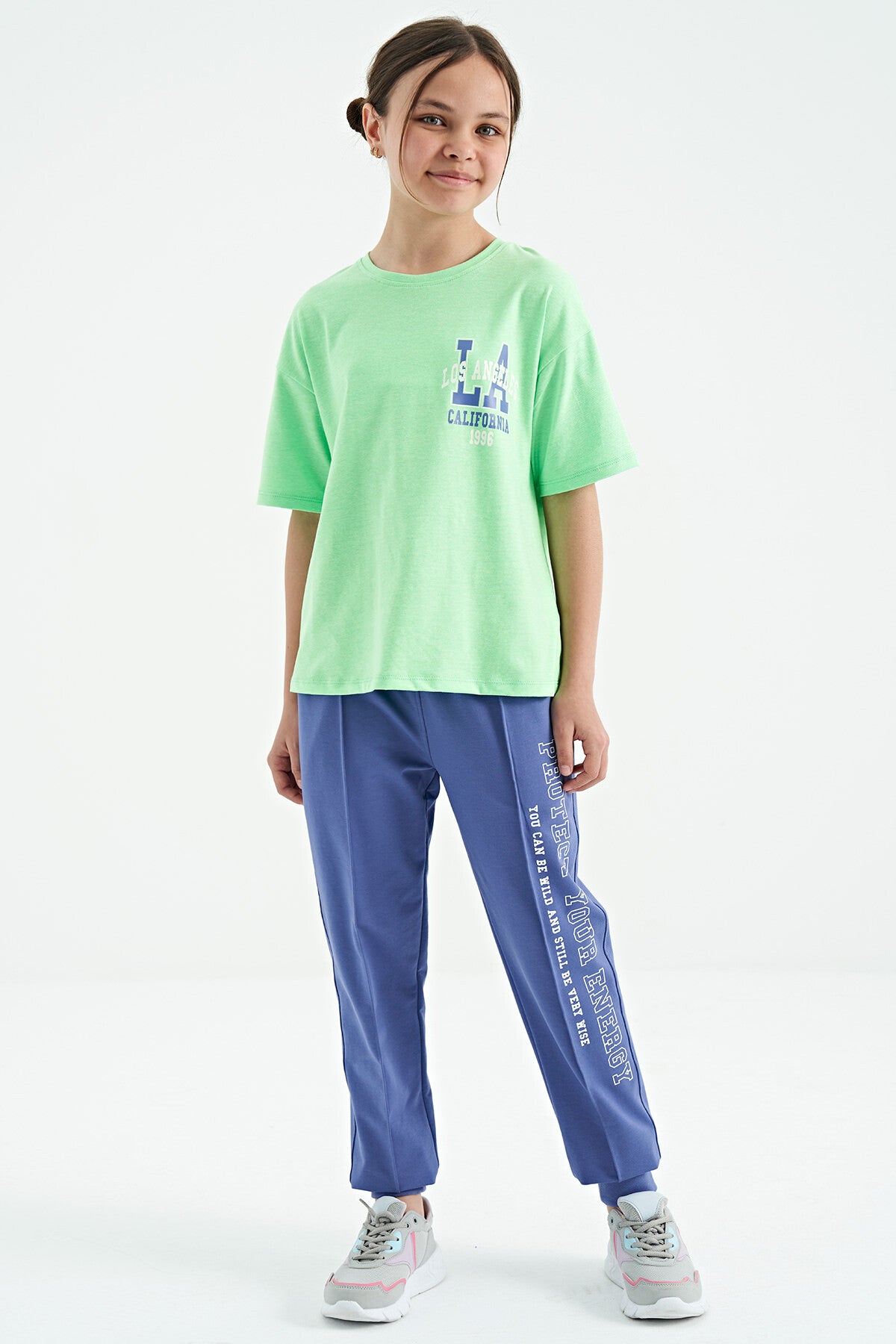 Neon Yeşil Ön Arka Baskılı O Yaka Oversize Kısa Kollu Kız Çocuk T-Shirt - 75127