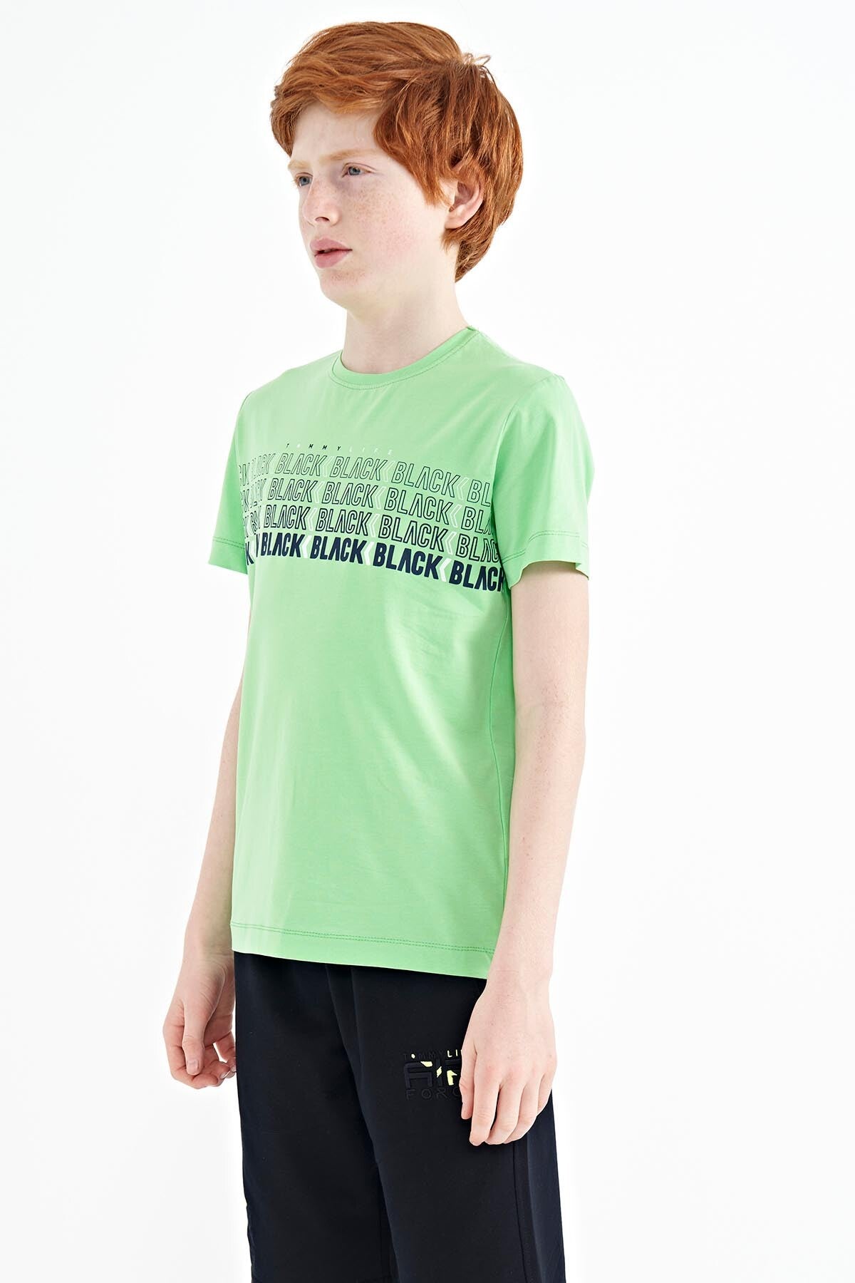 Neon Yeşil Yazı Baskılı O Yaka Standart Kalıp Erkek Çocuk T-Shirt - 11149