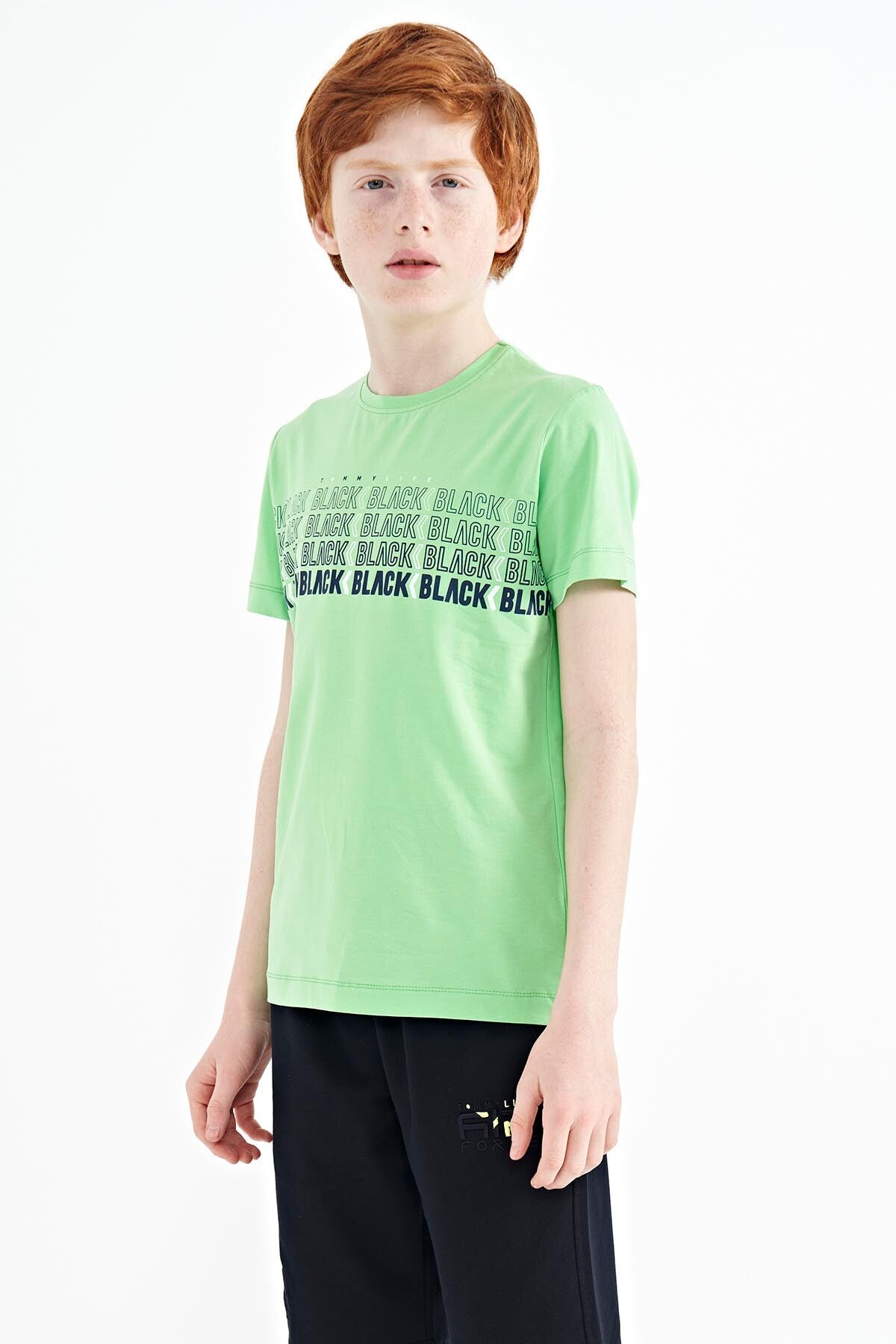 Neon Yeşil Yazı Baskılı O Yaka Standart Kalıp Erkek Çocuk T-Shirt - 11149