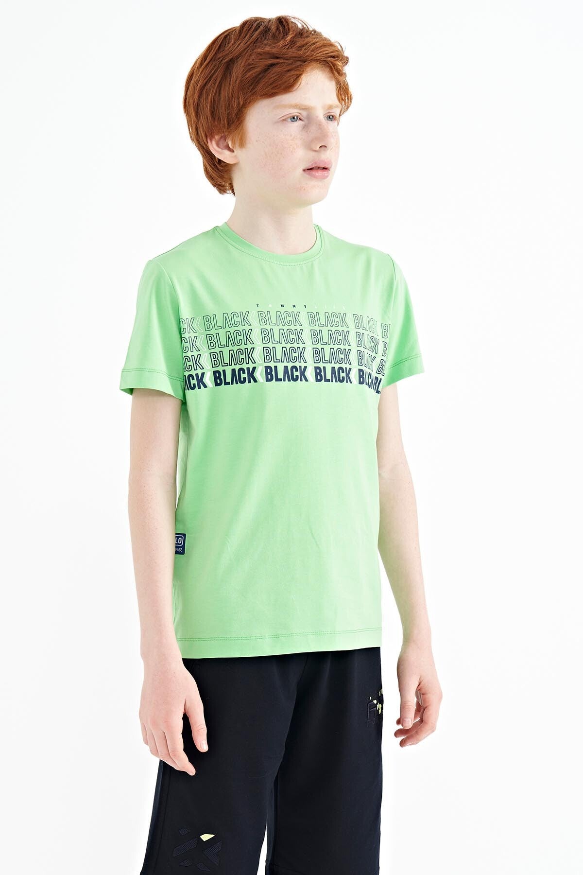 Neon Yeşil Yazı Baskılı O Yaka Standart Kalıp Erkek Çocuk T-Shirt - 11149