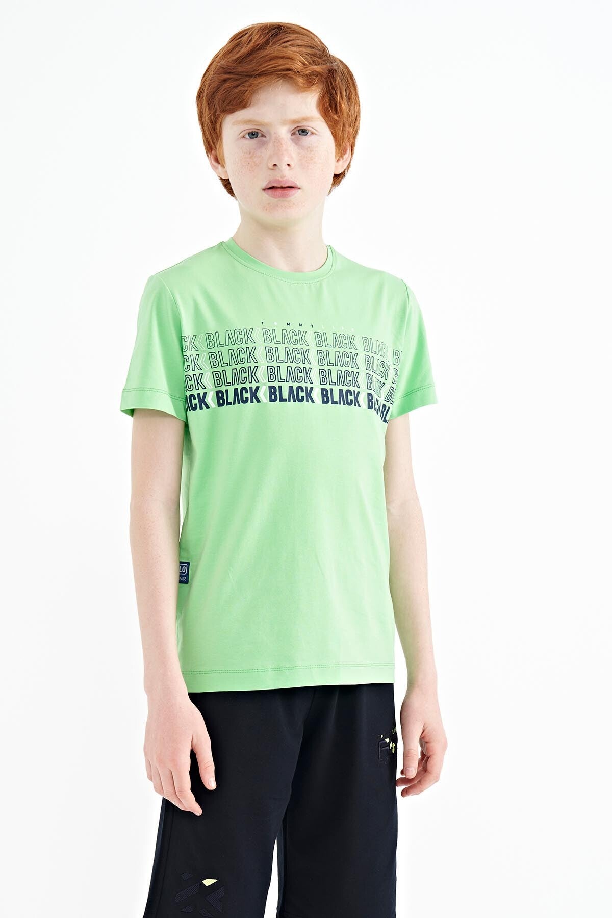 Neon Yeşil Yazı Baskılı O Yaka Standart Kalıp Erkek Çocuk T-Shirt - 11149