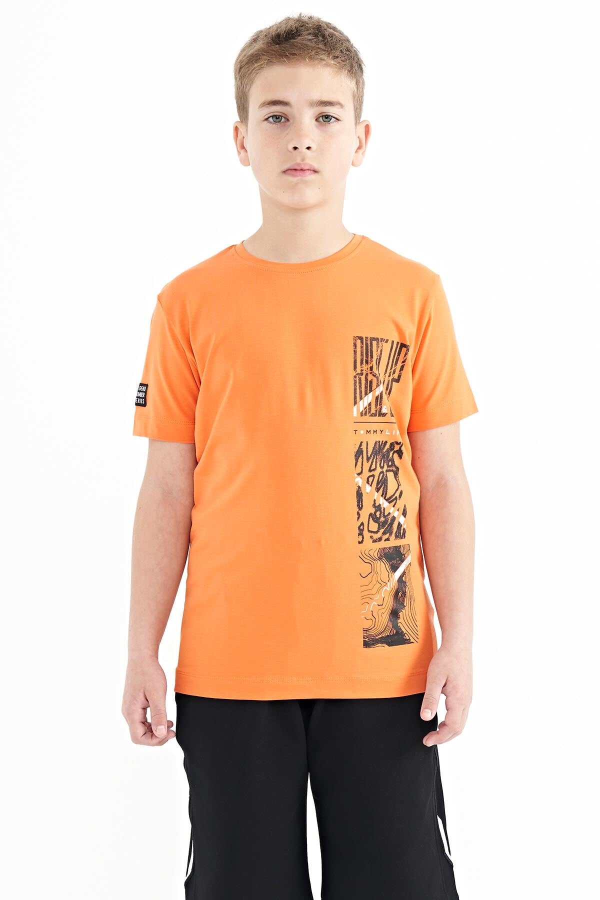 Oranj Baskı Detaylı O Yaka Standart Kalıp Erkek Çocuk T-Shirt - 11104