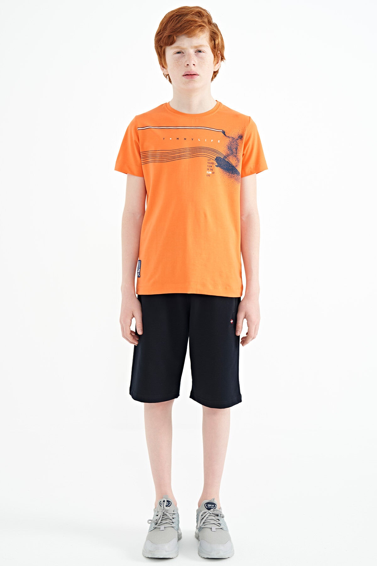 Oranj Baskı Detaylı Standart Kalıp O Yaka Erkek Çocuk T-Shirt - 11133