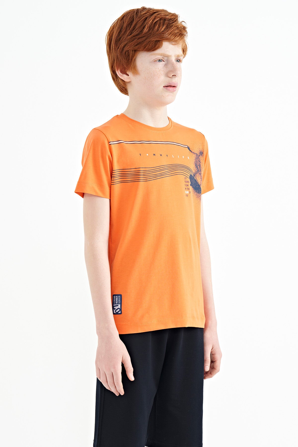 Oranj Baskı Detaylı Standart Kalıp O Yaka Erkek Çocuk T-Shirt - 11133