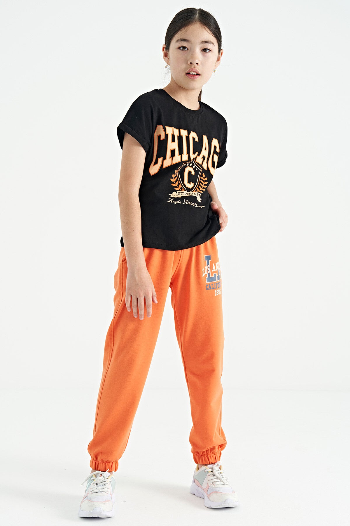 Oranj Yazı Nakışlı Standart Kalıp Jogger Kız Çocuk Eşofman Alt - 75120
