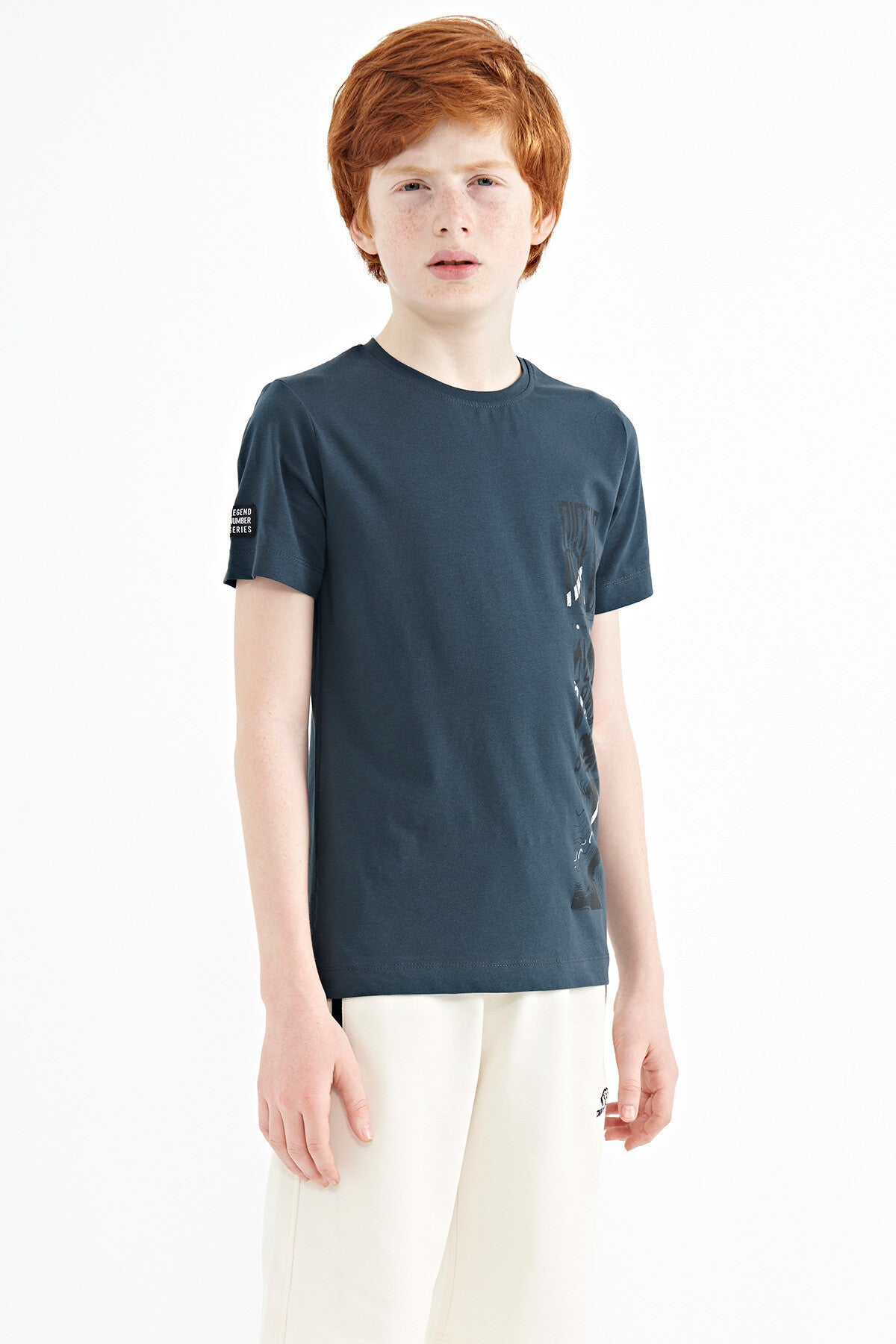 Orman Yeşili Baskı Detaylı O Yaka Standart Kalıp Erkek Çocuk T-Shirt - 11104