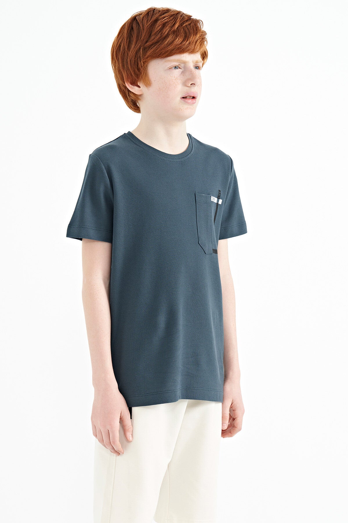 Orman Yeşili Cep Detaylı O Yaka Standart Kalıp Erkek Çocuk T-Shirt - 11120