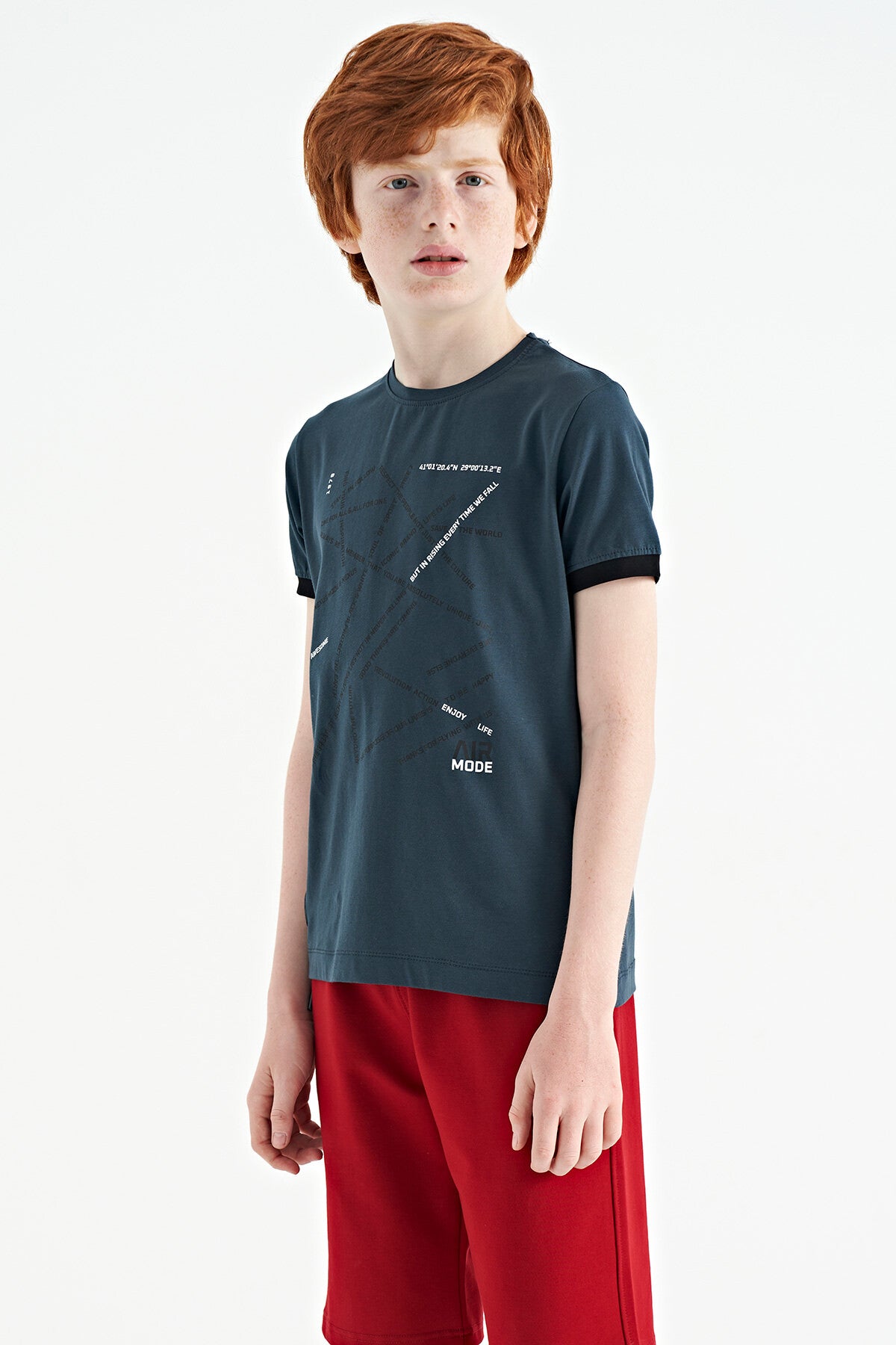 Orman Yeşili Minimal Yazı Baskılı Standart Kalıp O Yaka Erkek Çocuk T-Shirt - 11132