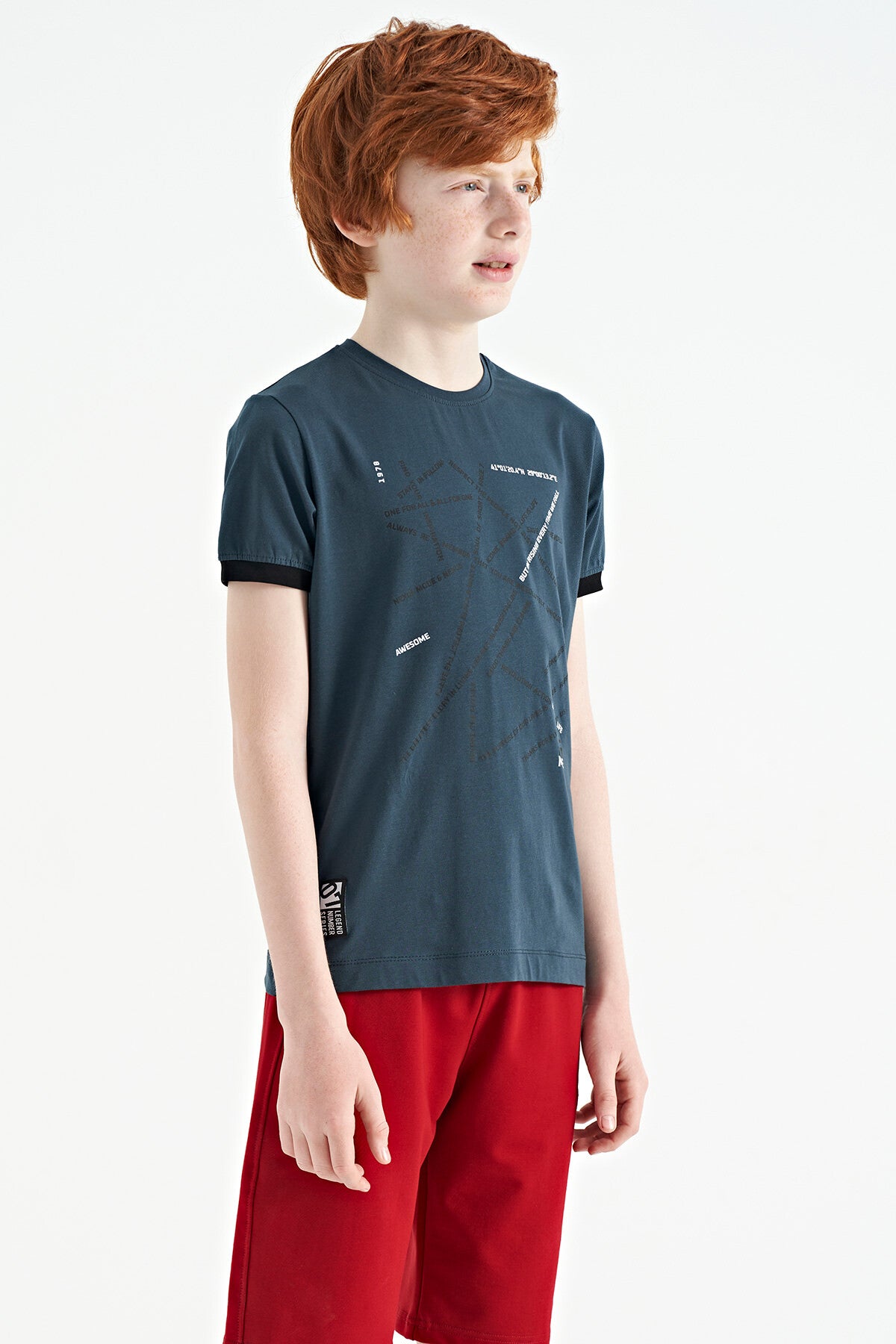 Orman Yeşili Minimal Yazı Baskılı Standart Kalıp O Yaka Erkek Çocuk T-Shirt - 11132