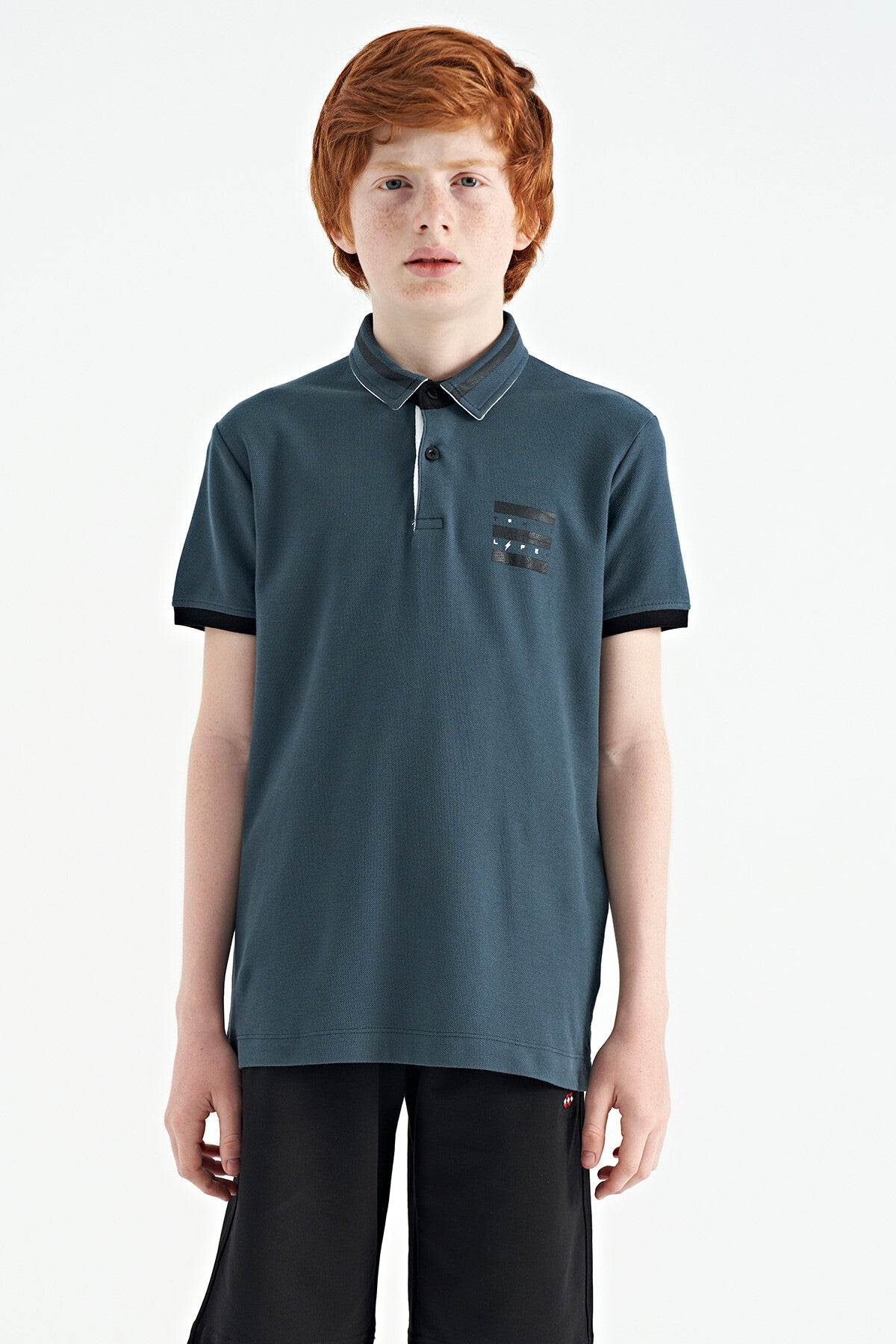 Orman Yeşili Yakası Renk Bloklu Baskı Detaylı Standart Kalıp Erkek Çocuk T-Shirt - 11111