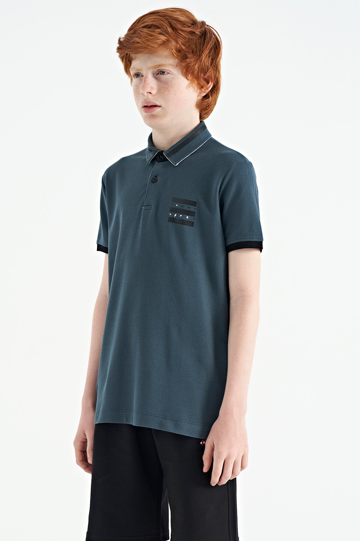 Orman Yeşili Yakası Renk Bloklu Baskı Detaylı Standart Kalıp Erkek Çocuk T-Shirt - 11111